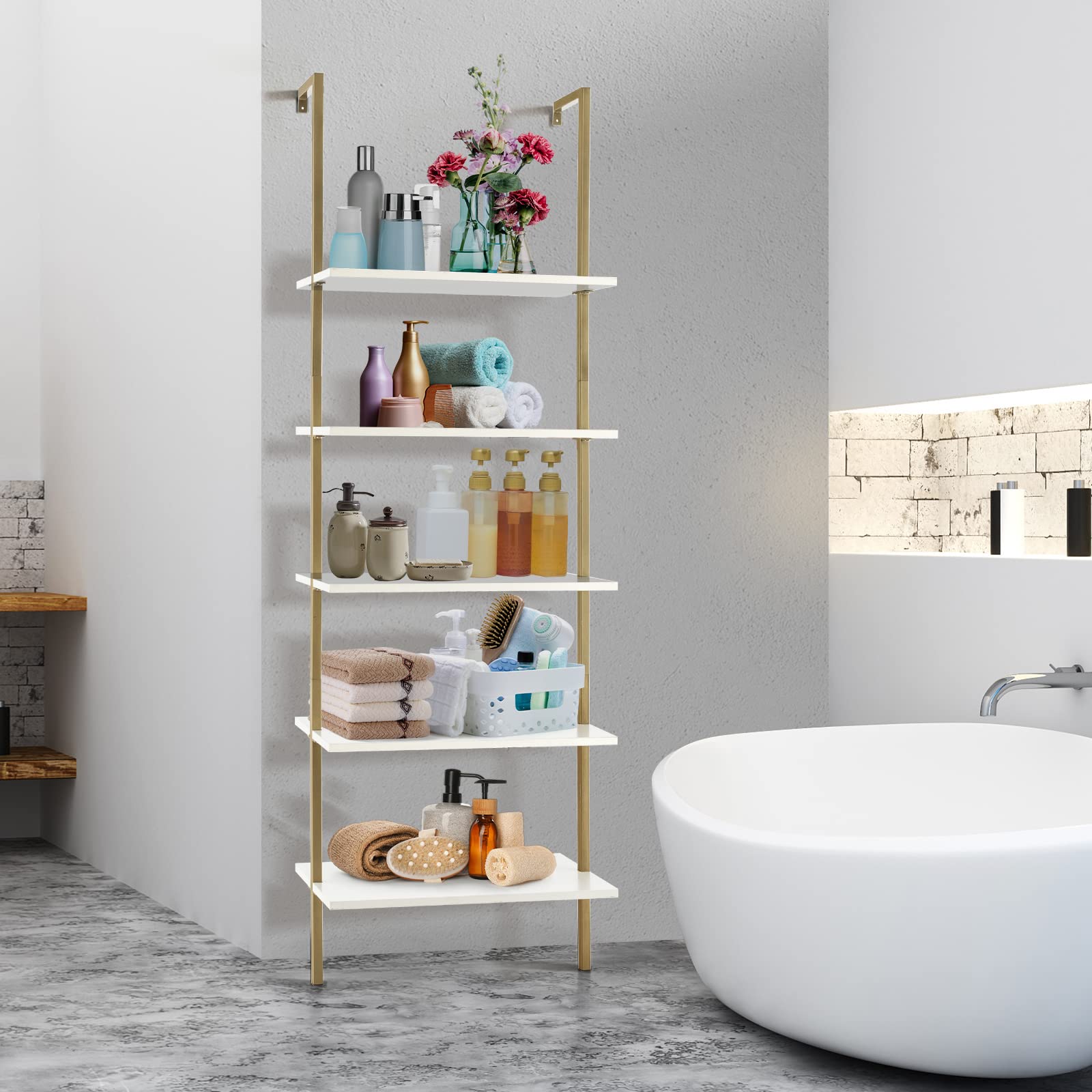 Giantex 5 Tier Modern Wall Mounted Bookshelf, 71'' White and Gold Wood Bookcase with Steel Frame