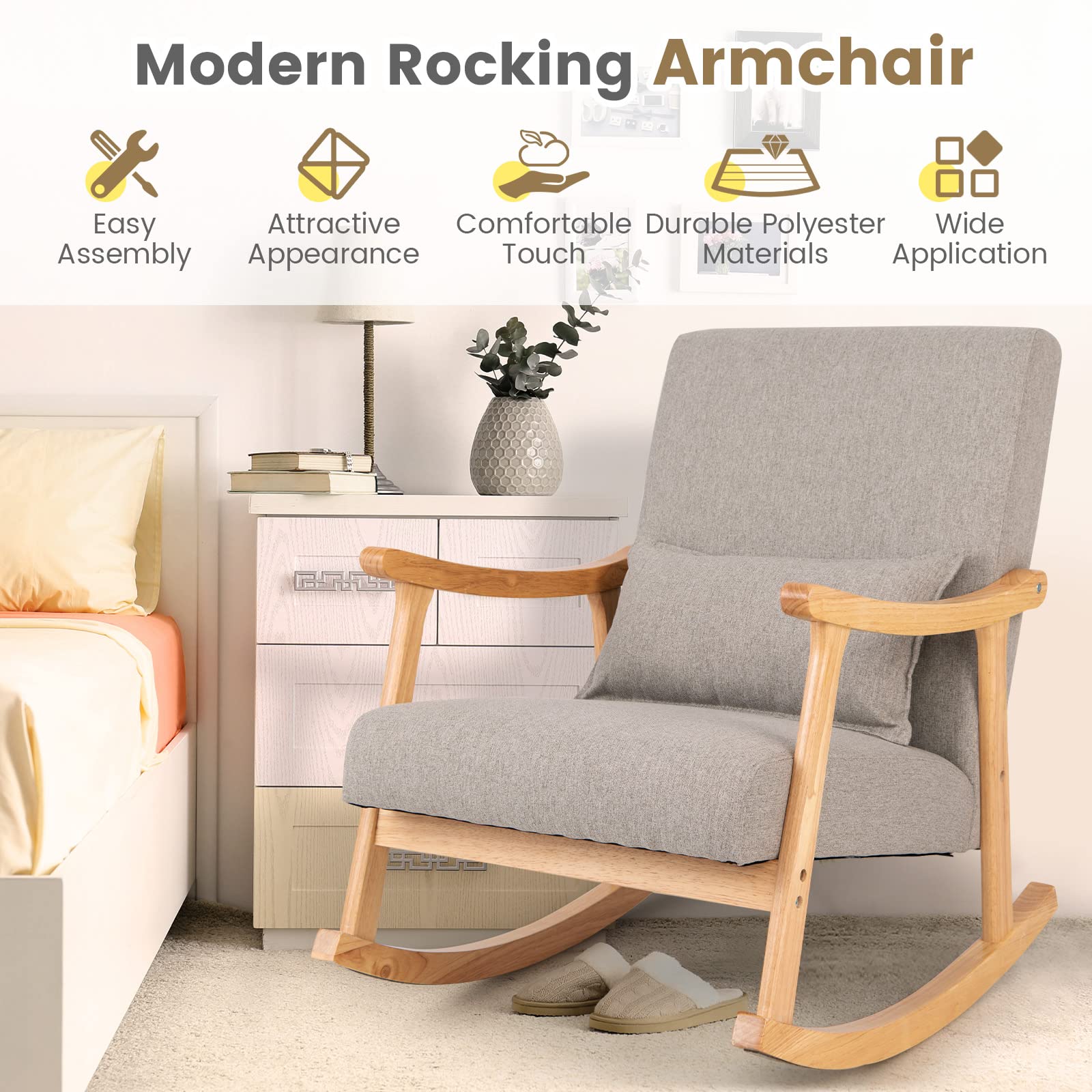 Giantex Upholstered Rocking Chair Modern Rocker with Rubber Wood