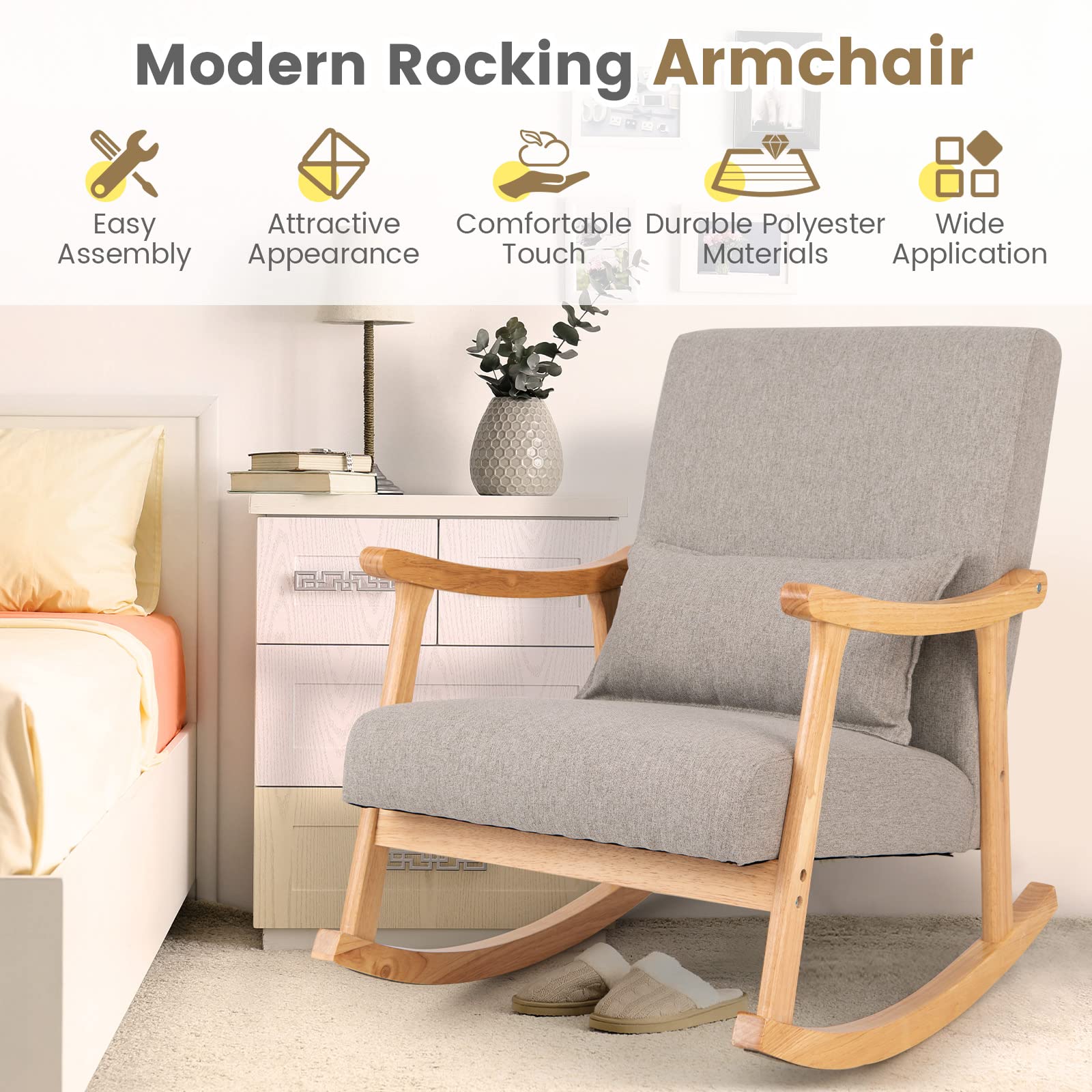 Giantex Upholstered Rocking Chair - Modern Rocker with Rubber Wood Frame, Comfy Backrest & Seat, Grey