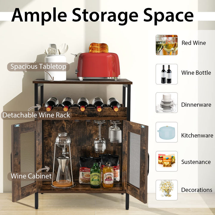Giantex Wine Bar Cabinet, Industrial Liquor Cabinet with Glass Holder, Removable Wine Rack (Rustic Brown & Black)