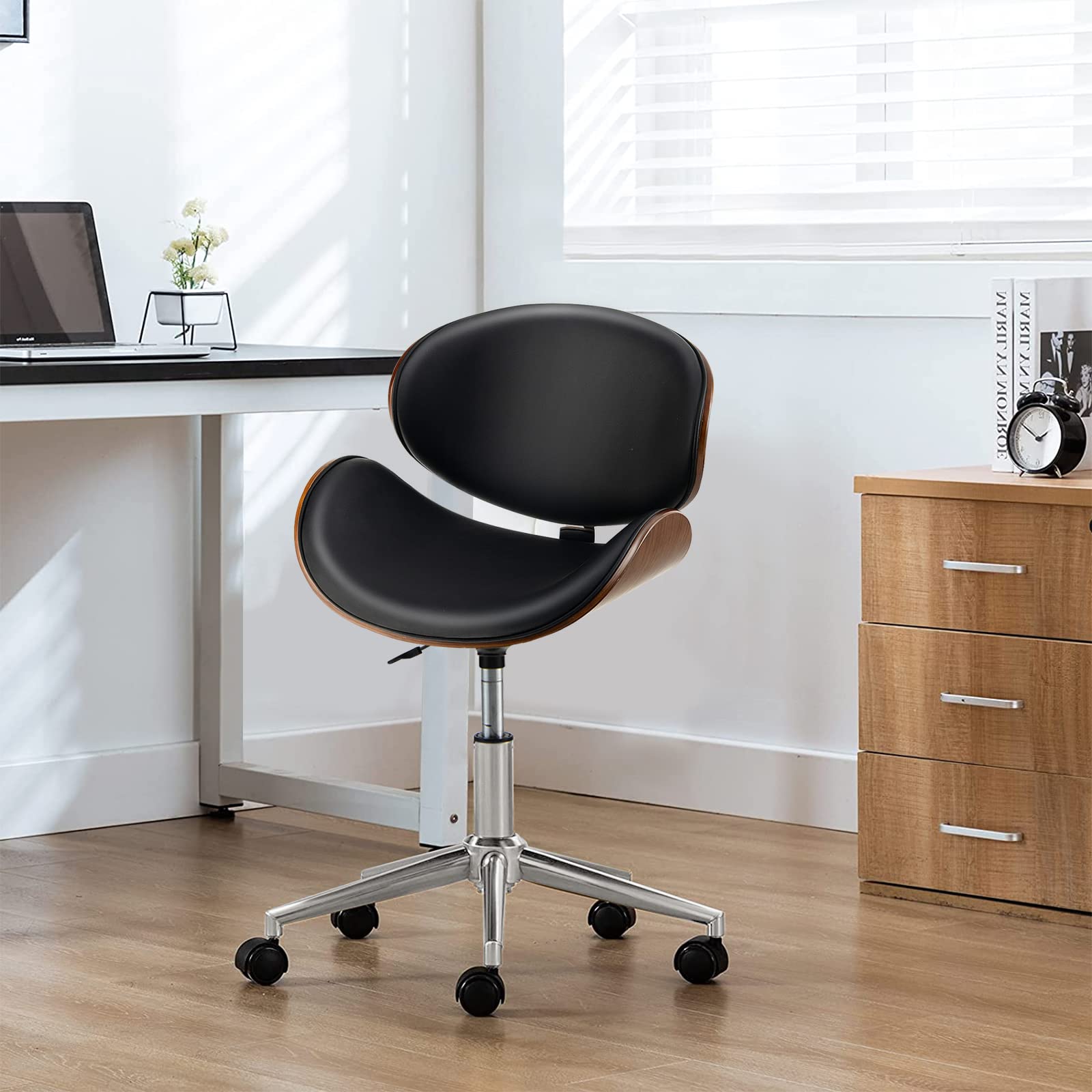 Giantex Home Office Chair, Adjustable Swivel Vanity Chair with Wheels Wing Back Curved Bentwood Seat (Black)