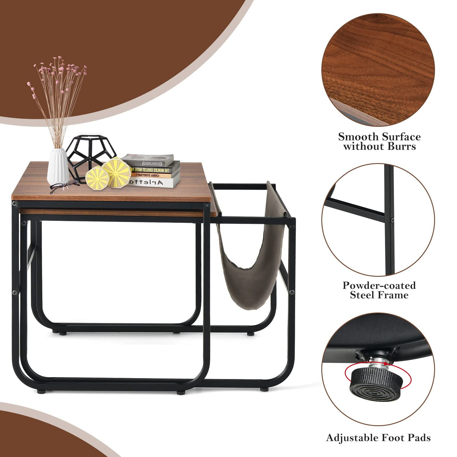 Nesting Coffee Table Set of 2, Stackable Side Table w/Side Pocket