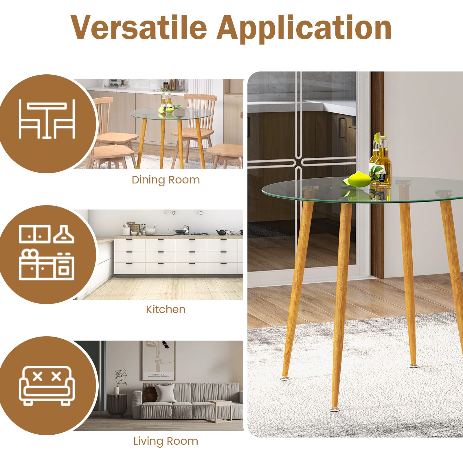 Giantex Round Glass Dining Table, Kitchen Dinner Table with Tempered Glass Tabletop & Metal Legs