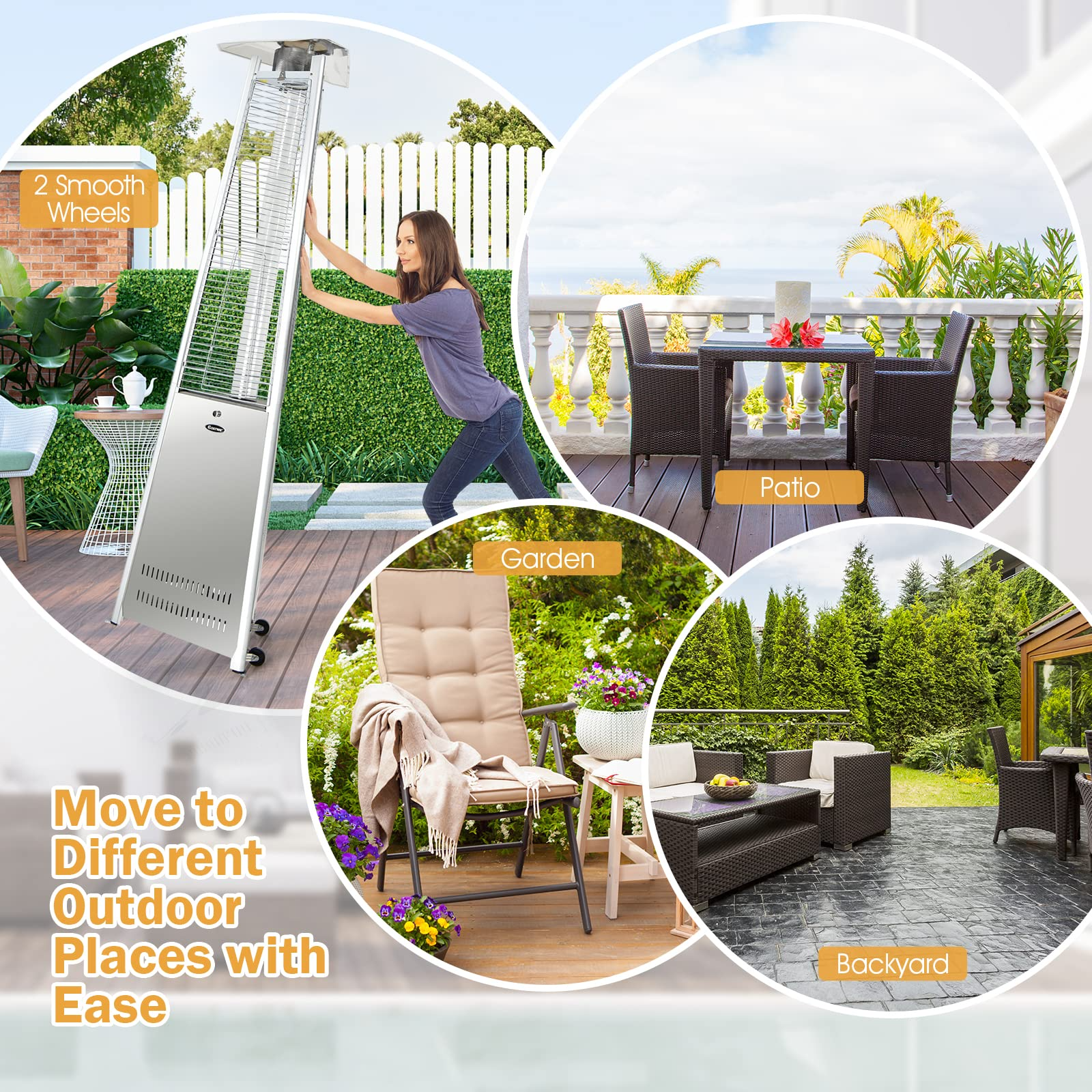 Outdoor Heater with Tip-Over & Flameout Protection for Backyard, Garden (Silver)