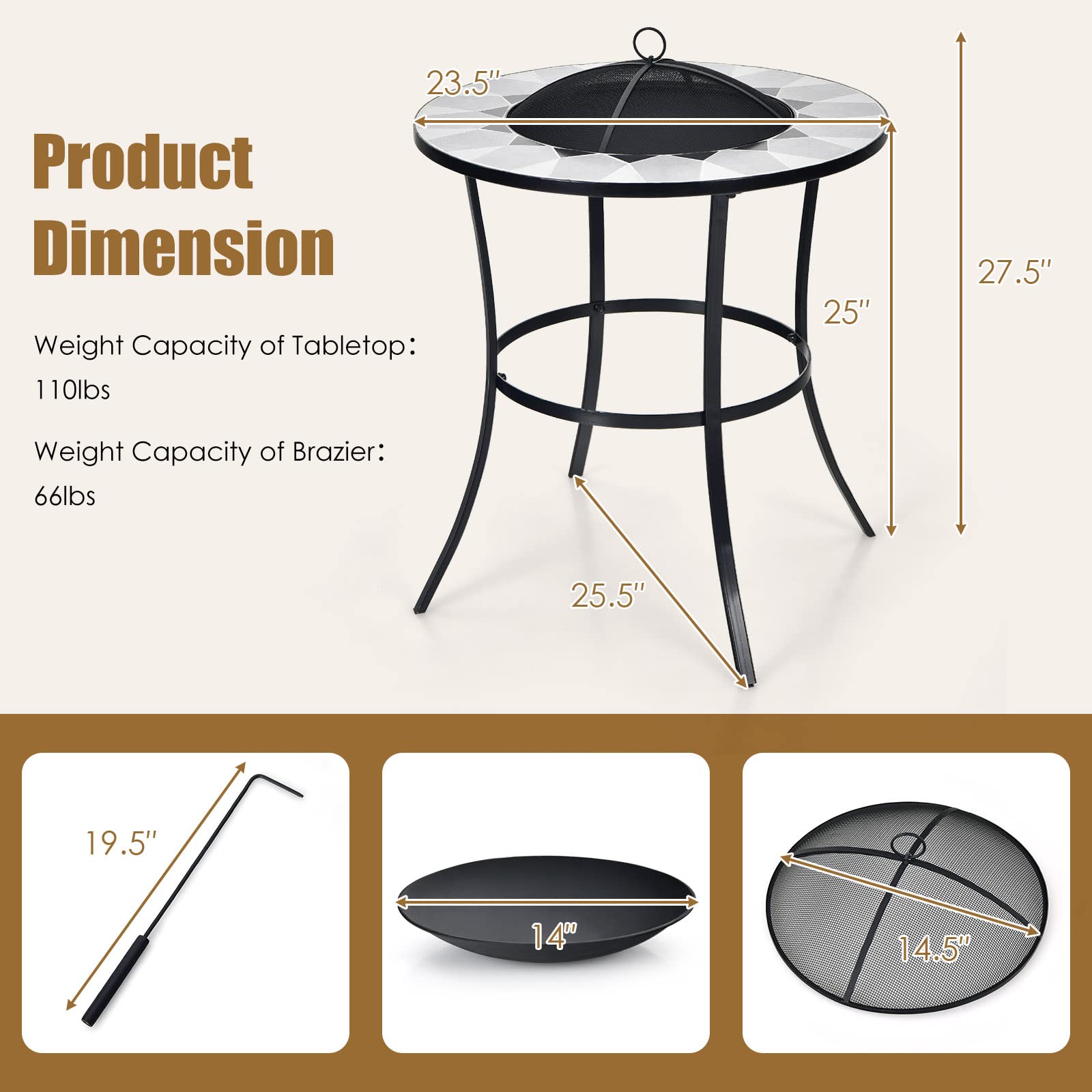 Giantex Fire Pit Table, Outdoor Fire Pit with Mesh Cover, Fire Poker, Tile Tabletop