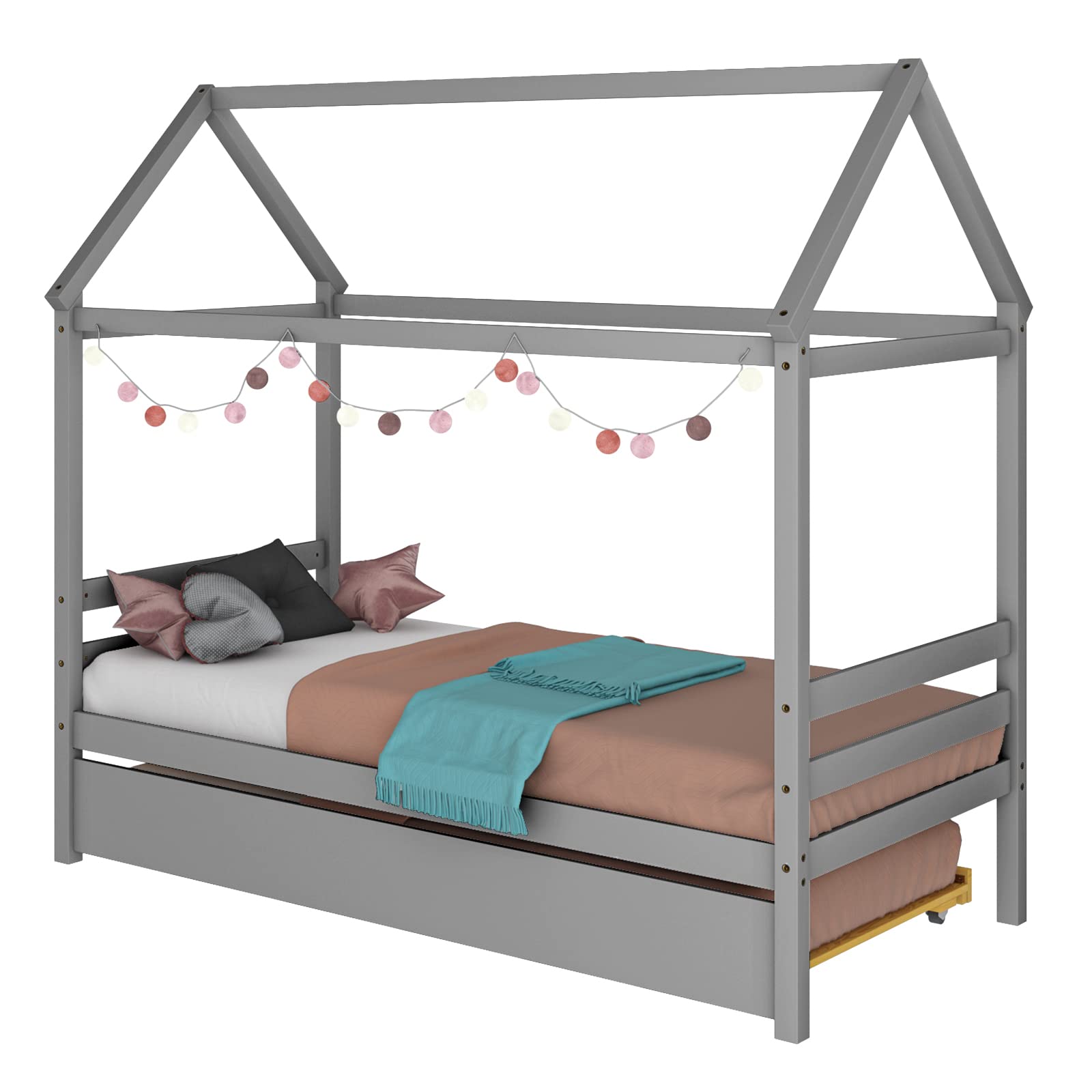 Giantex House Bed with Trundle, Solid Wood Twin Size Daybed for Girls & Boys