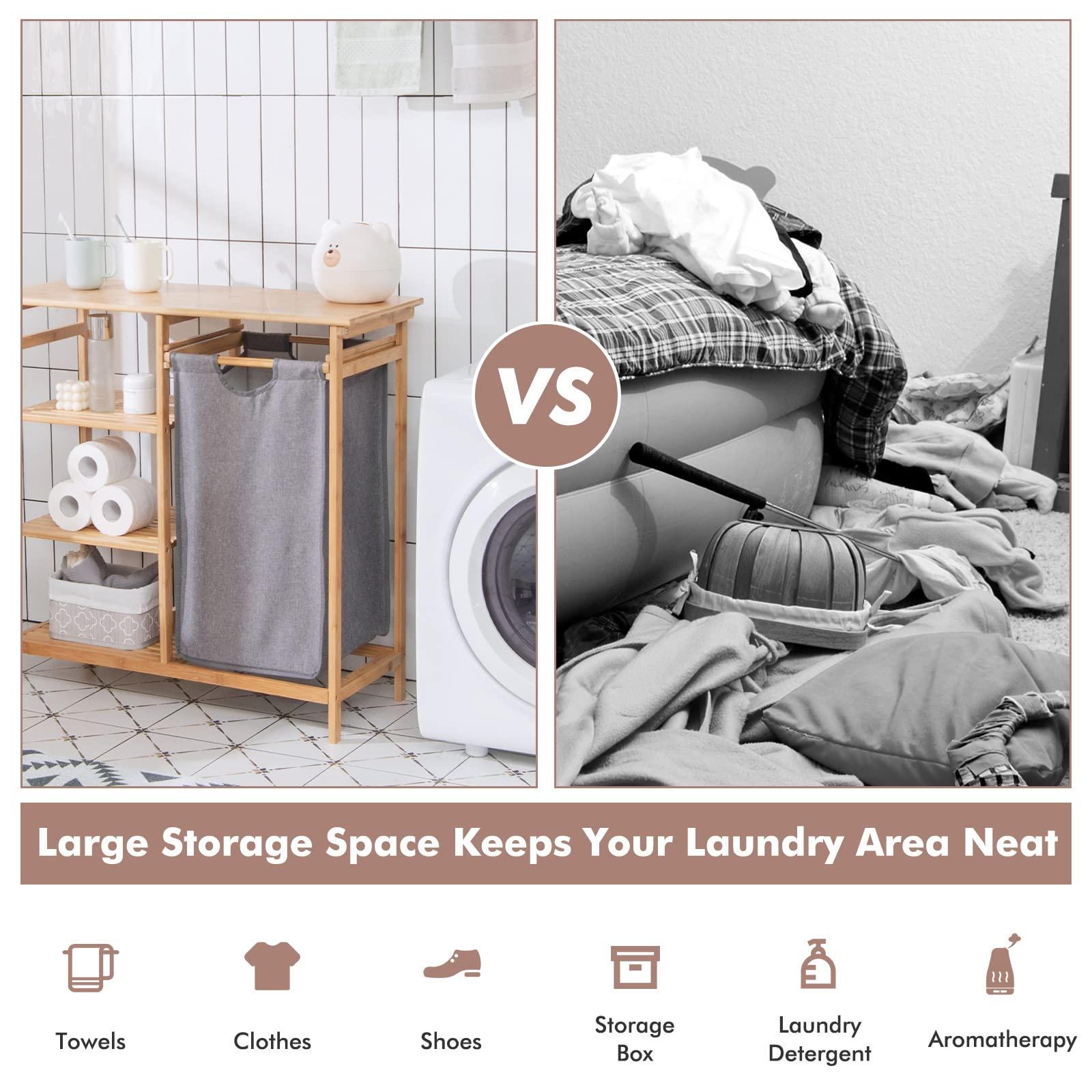 Freestanding Laundry Organizer w/ Removable Sliding Bag & 3-Tier Open Shelves
