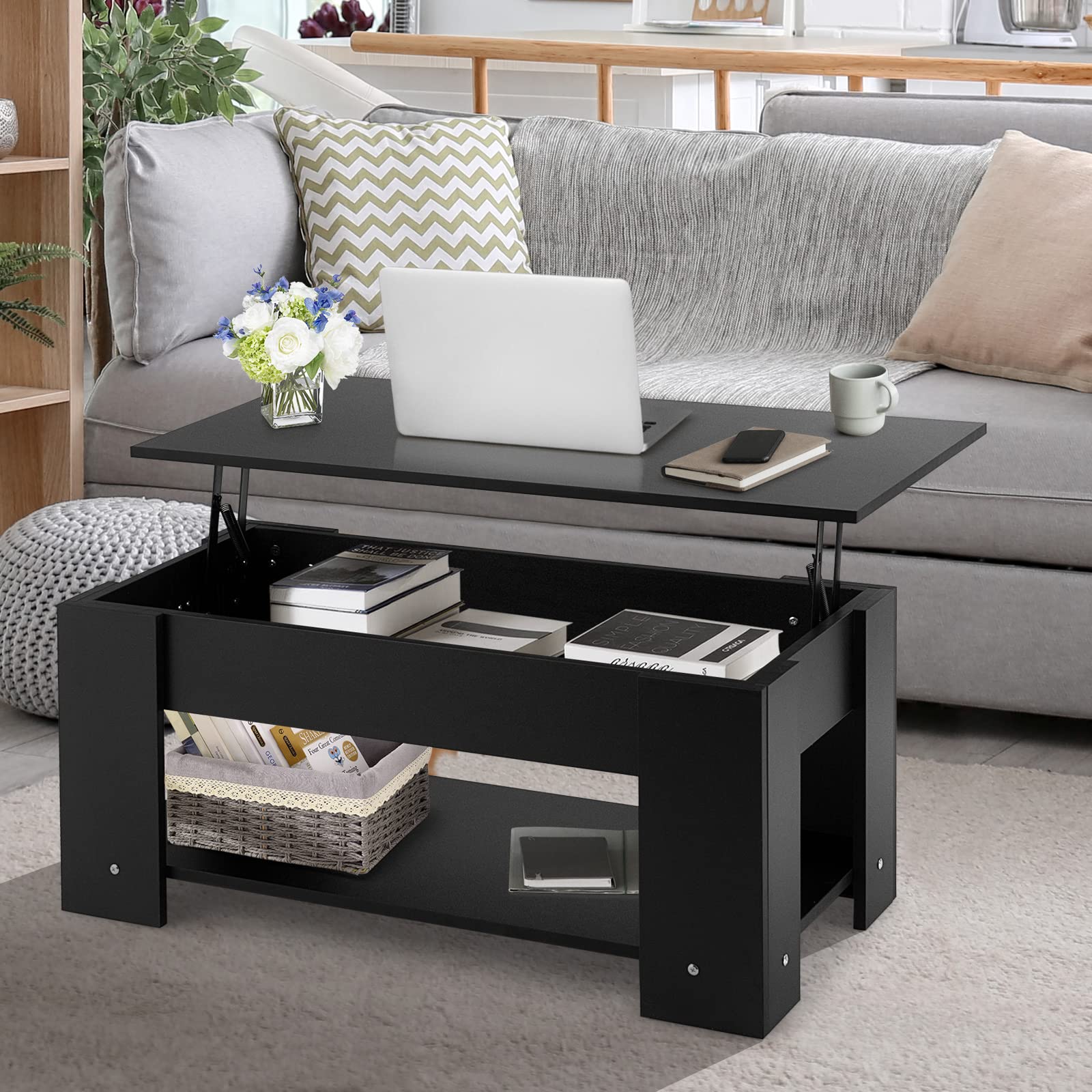 Giantex Lift Top Coffee Table, Modern Cocktail Table w/Hidden Compartment & Open Storage Shelf