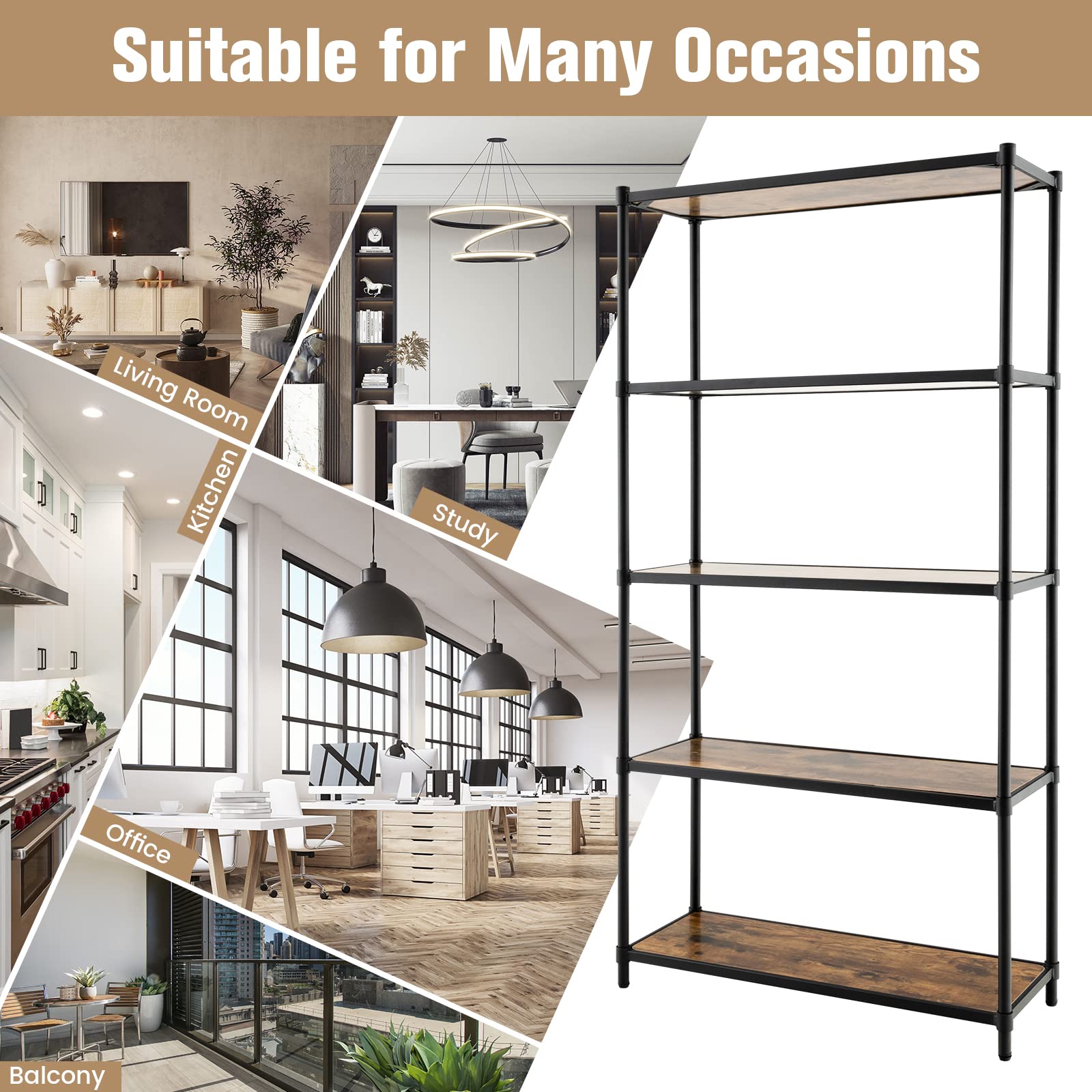 Giantex 5-Tier Industrial Bookshelf Black - 61" Tall Open Display Shelving Rack
