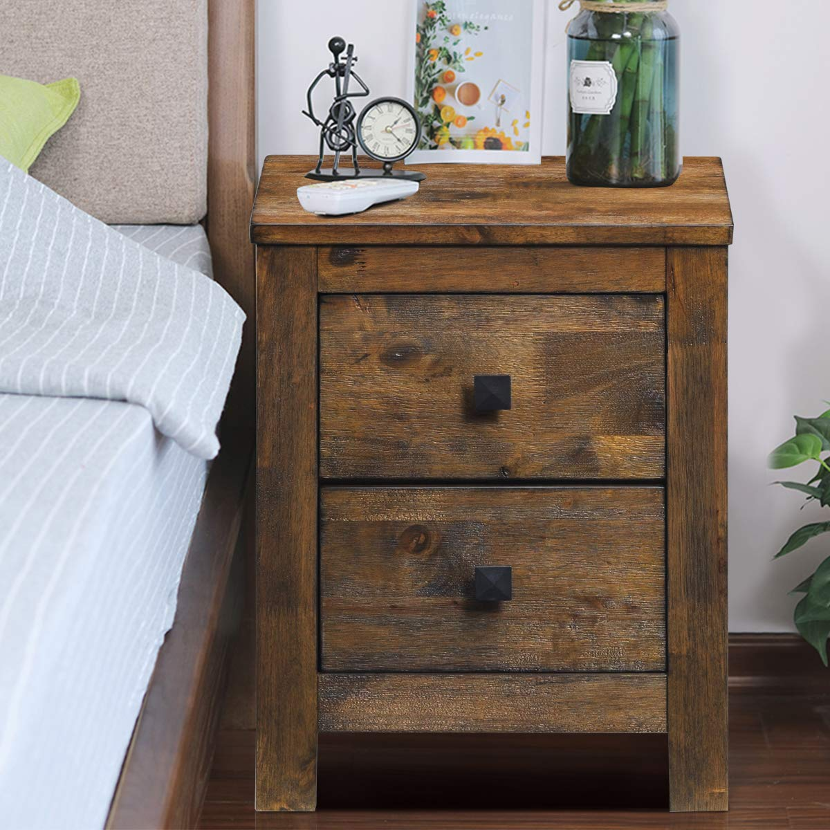 Giantex Nightstand with 2 Sliding Drawers, Full Assembled Rustic Multipurpose Storage Beside Table for Bedroom