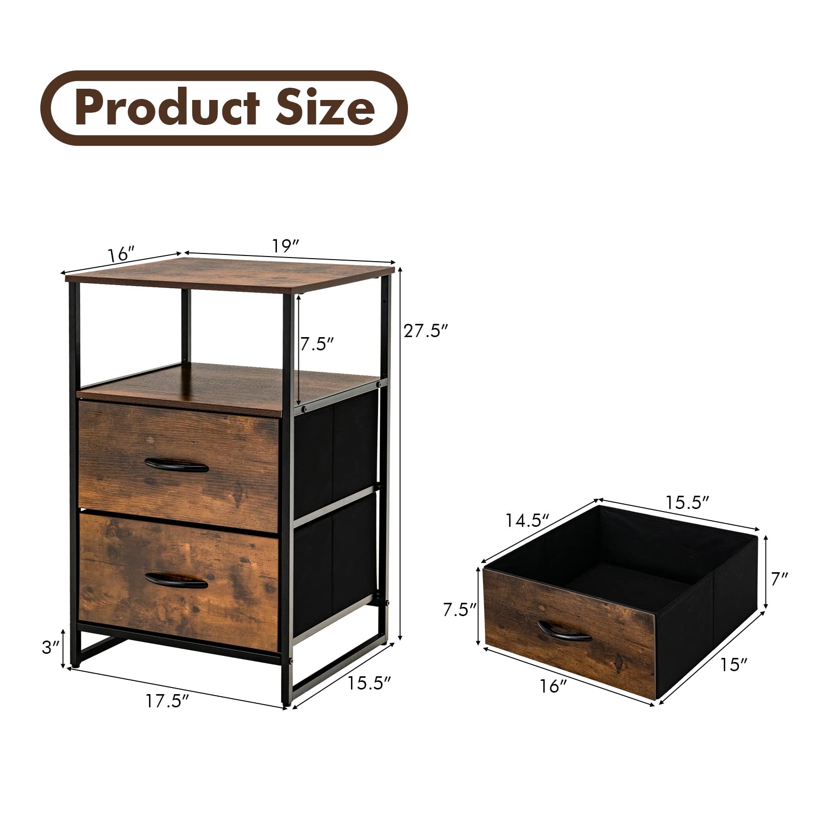 Giantex 2 Drawer Dresser for Bedroom, Tall Nightstand Storage Tower w/Folding and Removable Fabric Drawers, Brown