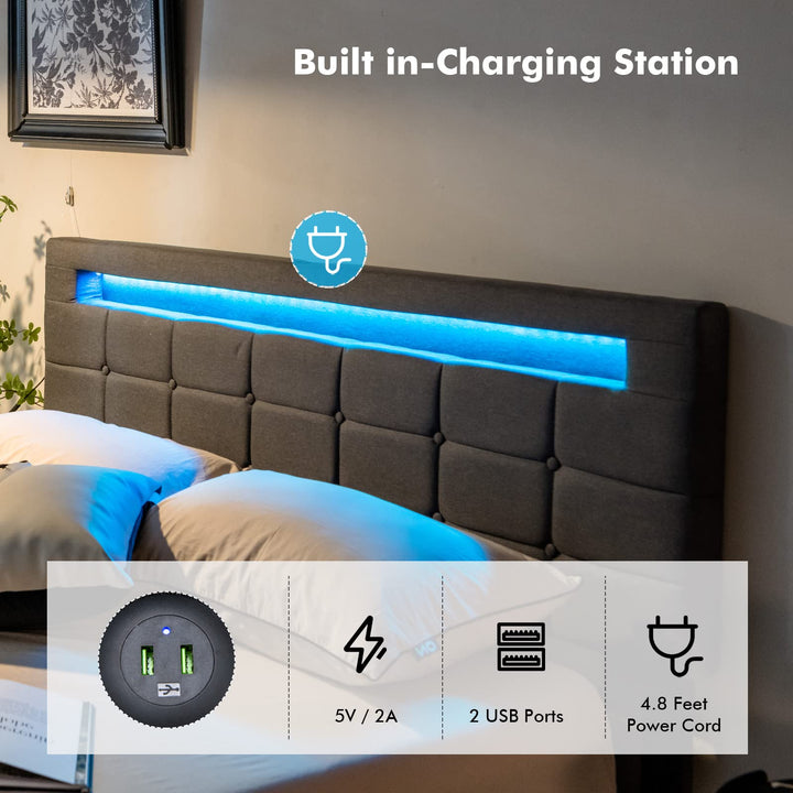 Giantex Queen Bed Frame with LED Lights and 4 Drawers, Upholstered Platform Bed Frame with USB Ports