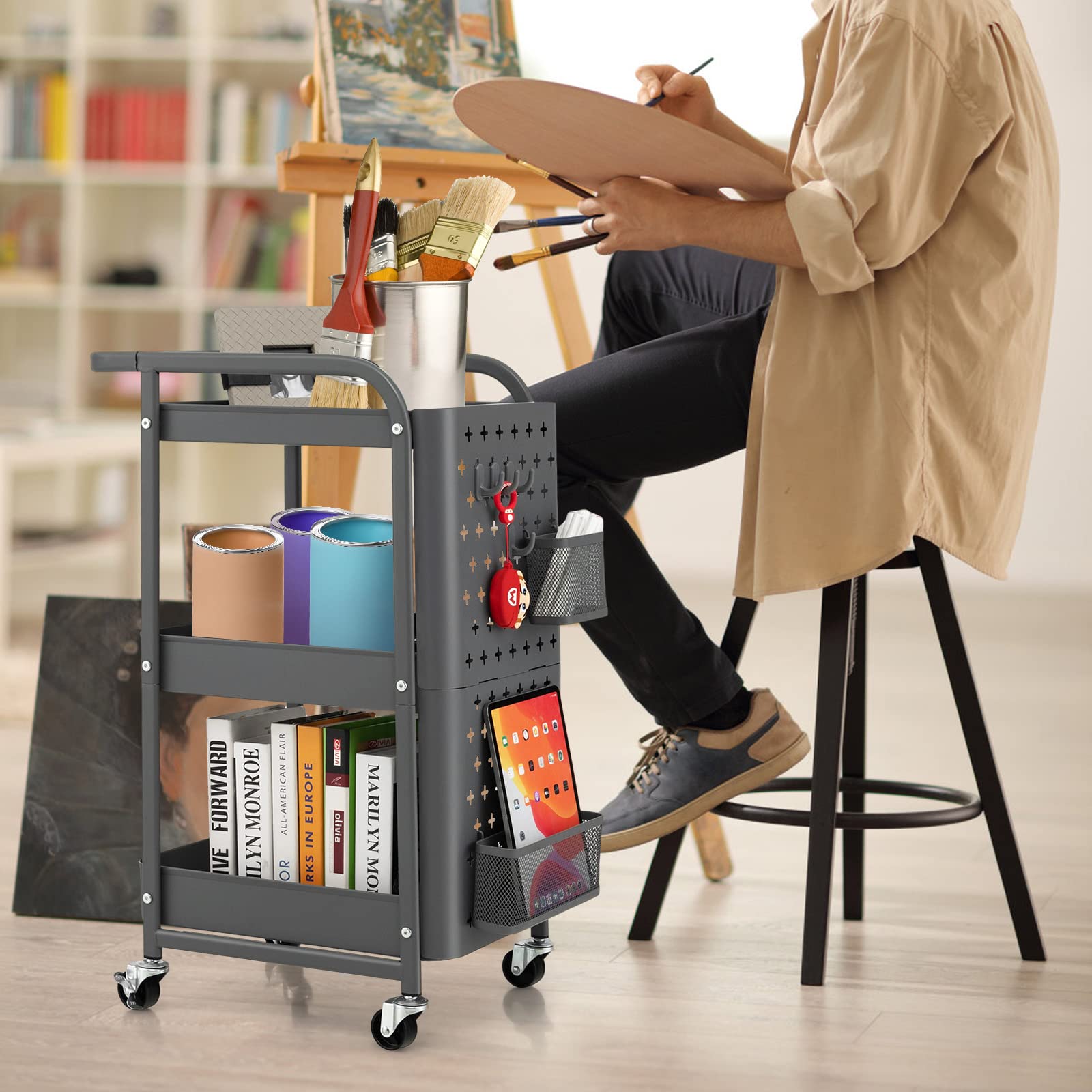 Giantex 3-Tier Utility Cart, Rolling Storage Organizer w/ Pegboards, 2 Mesh Baskets, 4 Hanging Hooks, Art Craft Trolley