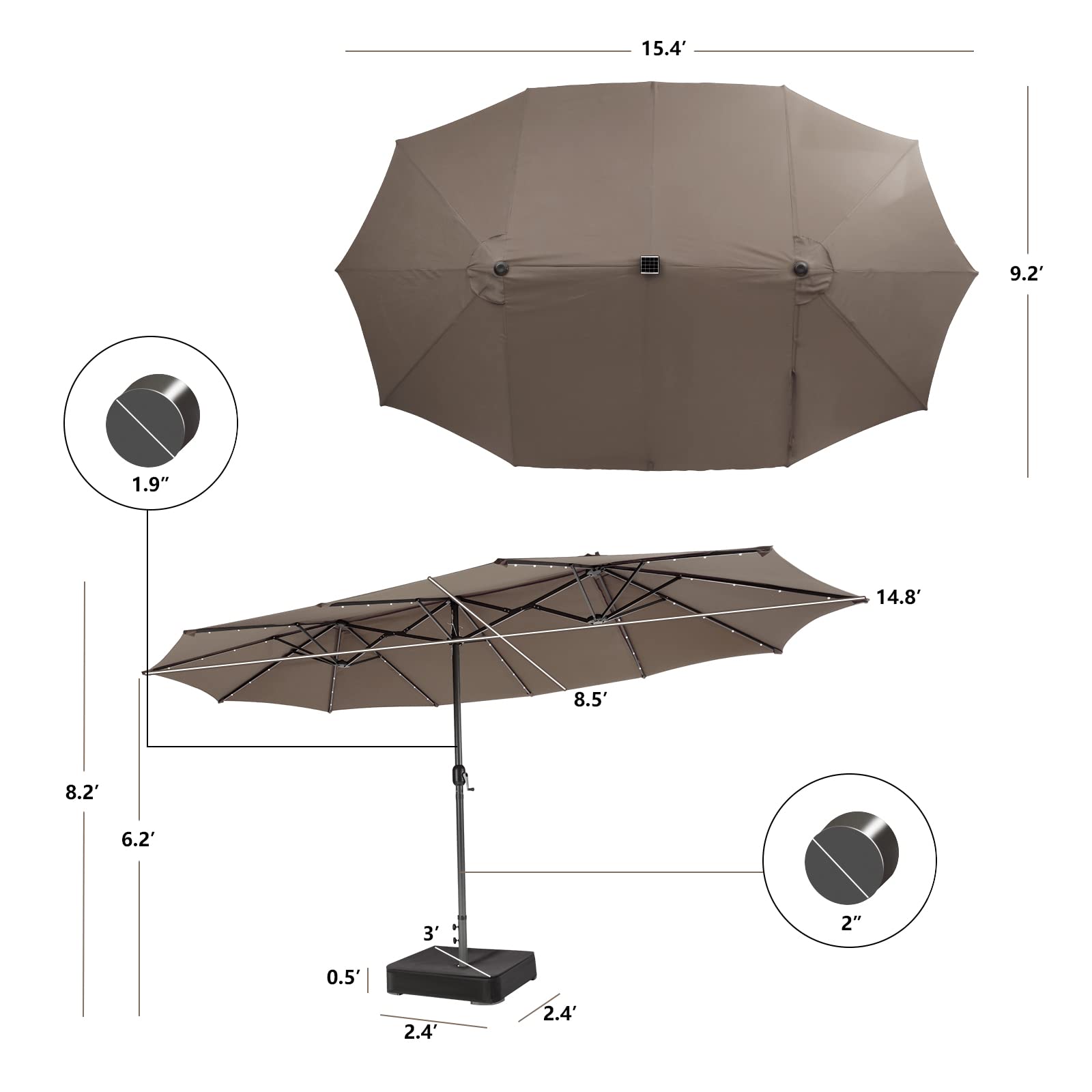 15ft Large Outdoor Umbrella Double-Sided, 48 Solar Lights, Auto-Charging Solar Panel