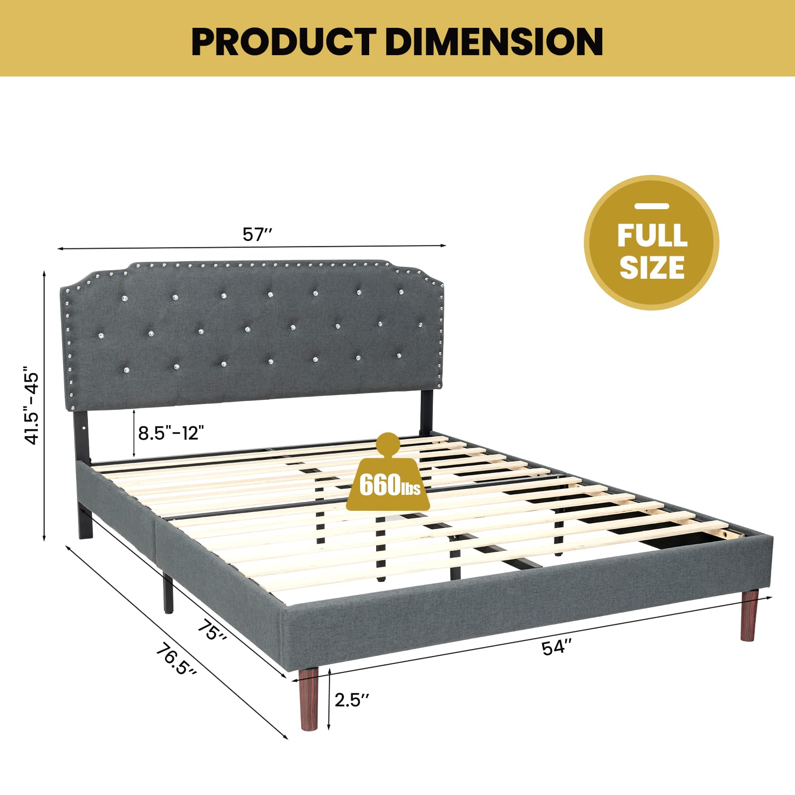 Upholstered Bed Frame w/ Adjustable Headboard, Crystal Tufted Soft Platform Bed Frame w/ Wooden Slats