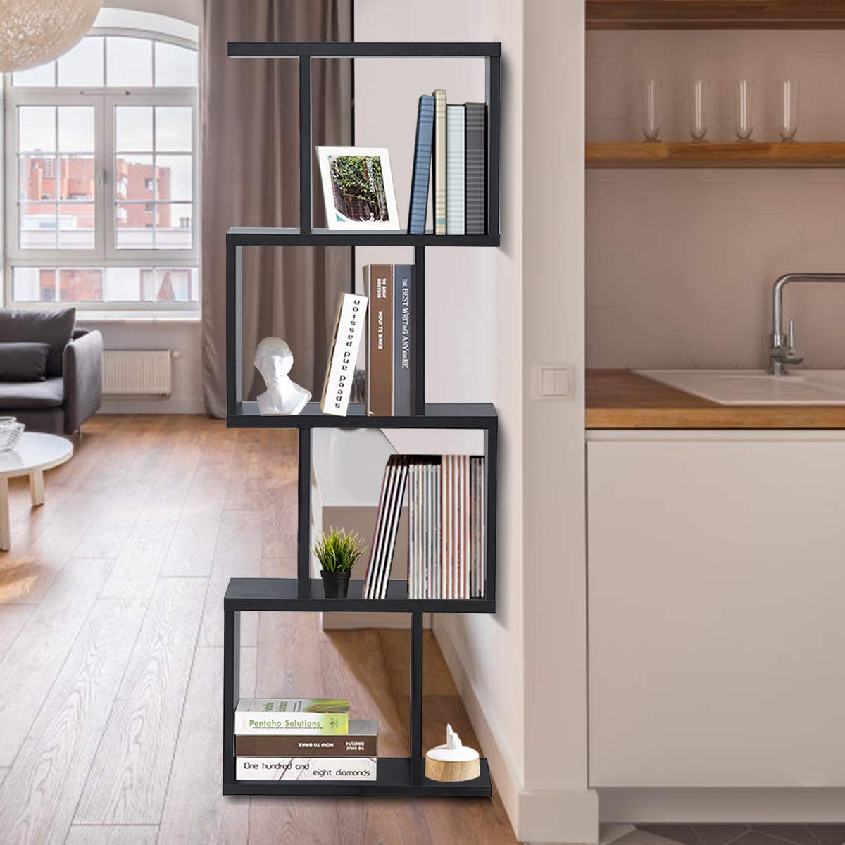 4 Tier Bookshelf S Shaped Bookcase, Multifunctional Wooden Display Decor Furniture