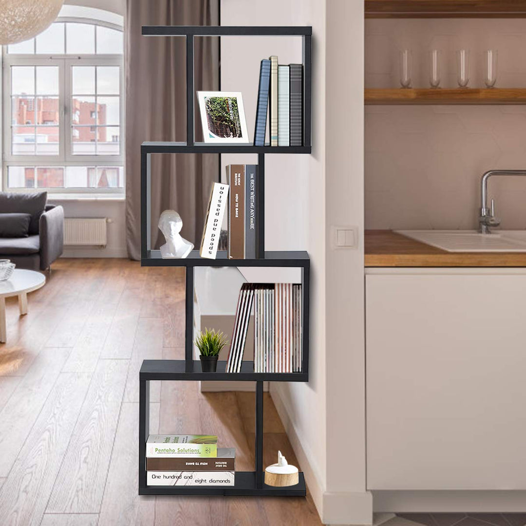 4 Tier Bookshelf S Shaped Bookcase, Multifunctional Wooden Display Decor Furniture