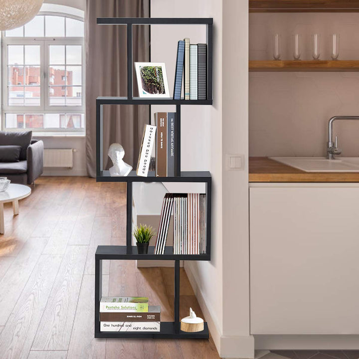 4 Tier Bookshelf S Shaped Bookcase, Multifunctional Wooden Display Decor Furniture