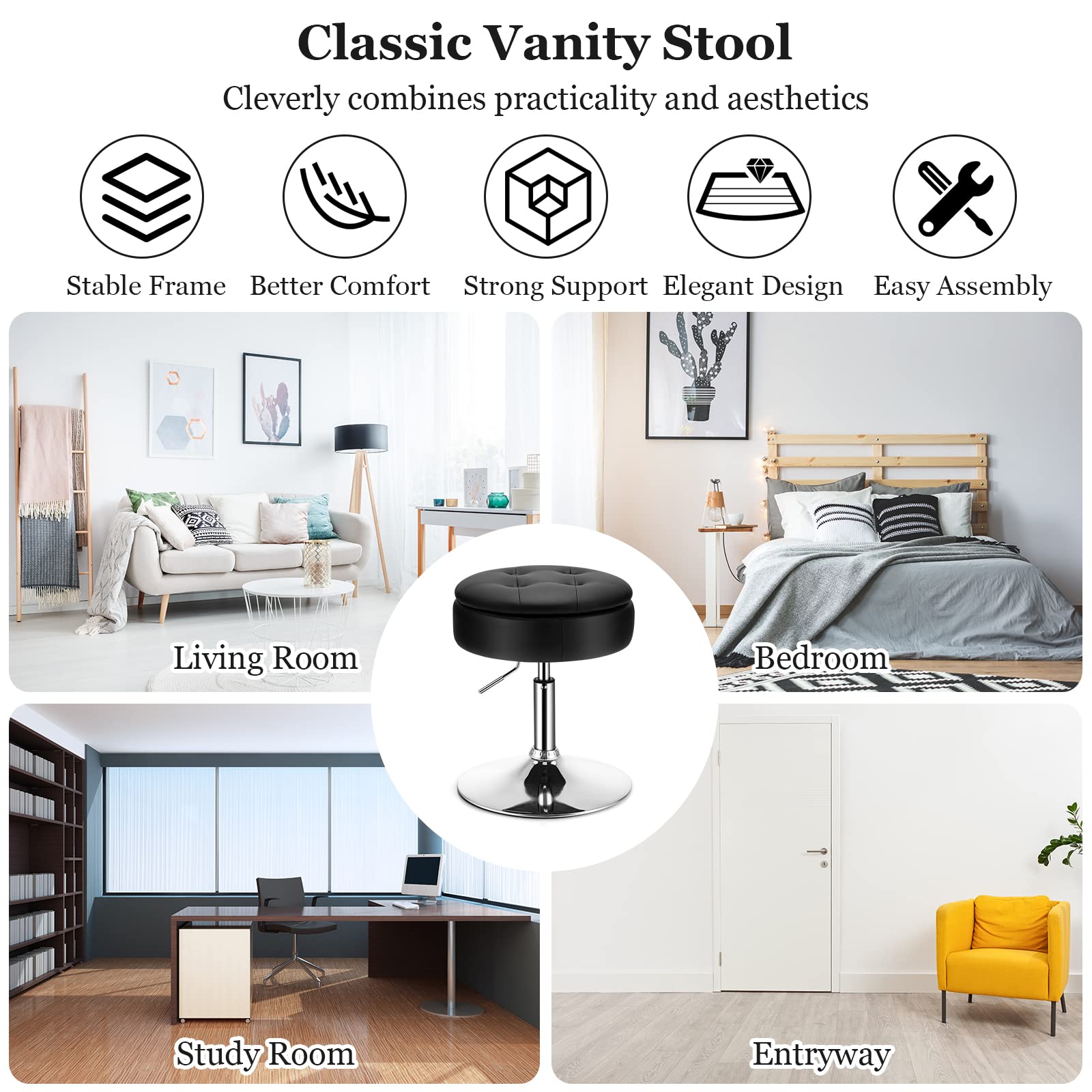 Giantex Adjustable Swivel Vanity Stool - 360° Swivel 20’’-26’’ Height Adjustable Tufted Round Storage Ottoman