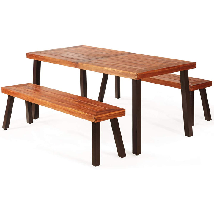 Patio Dining Table Set with 2 Benches, Outdoor Picnic Table Set with Umbrella Hole