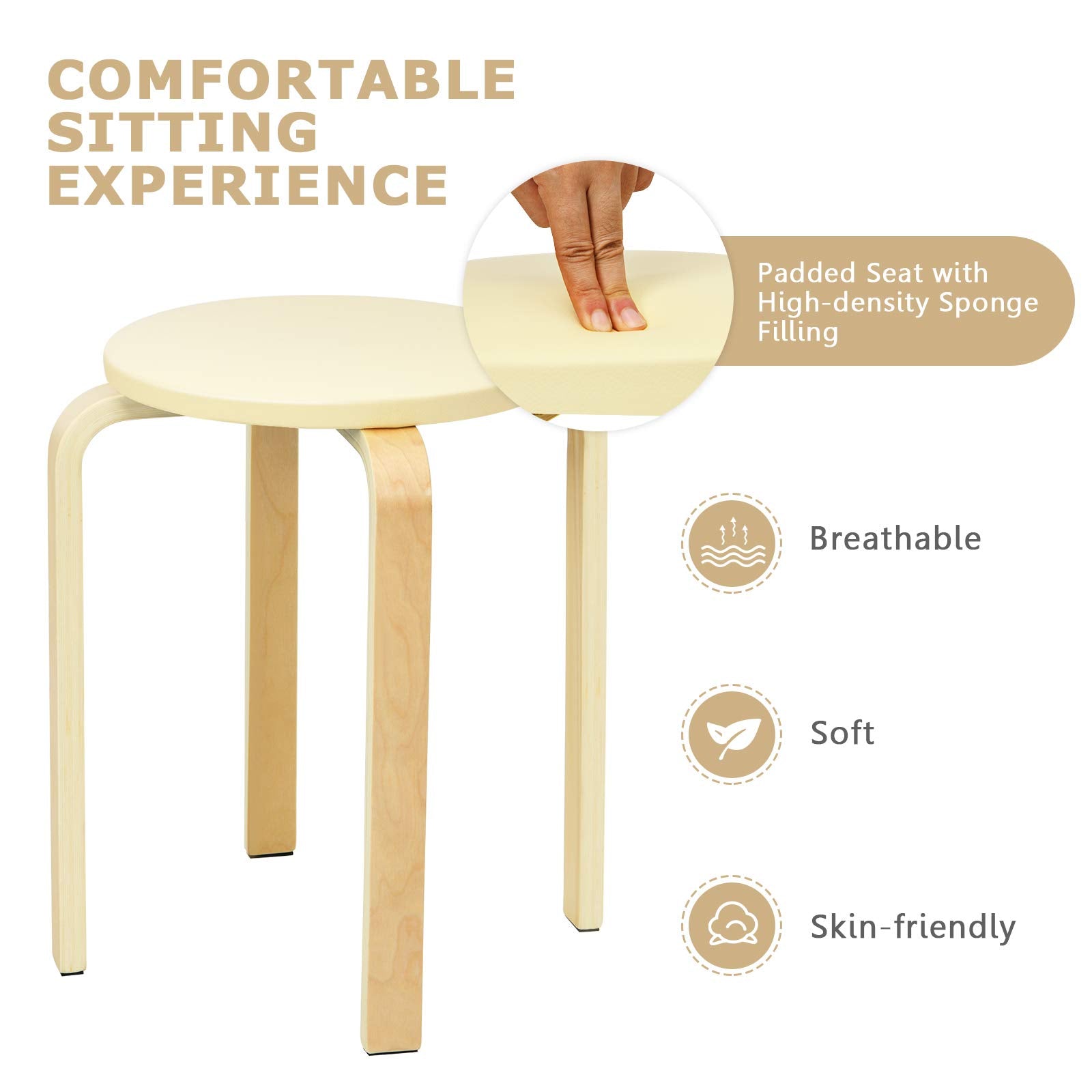 4-Pack Bentwood Stack Stools, 18.5-Inch Portable Stools with PU Leather Round Top, Non-Slip Foot Mats