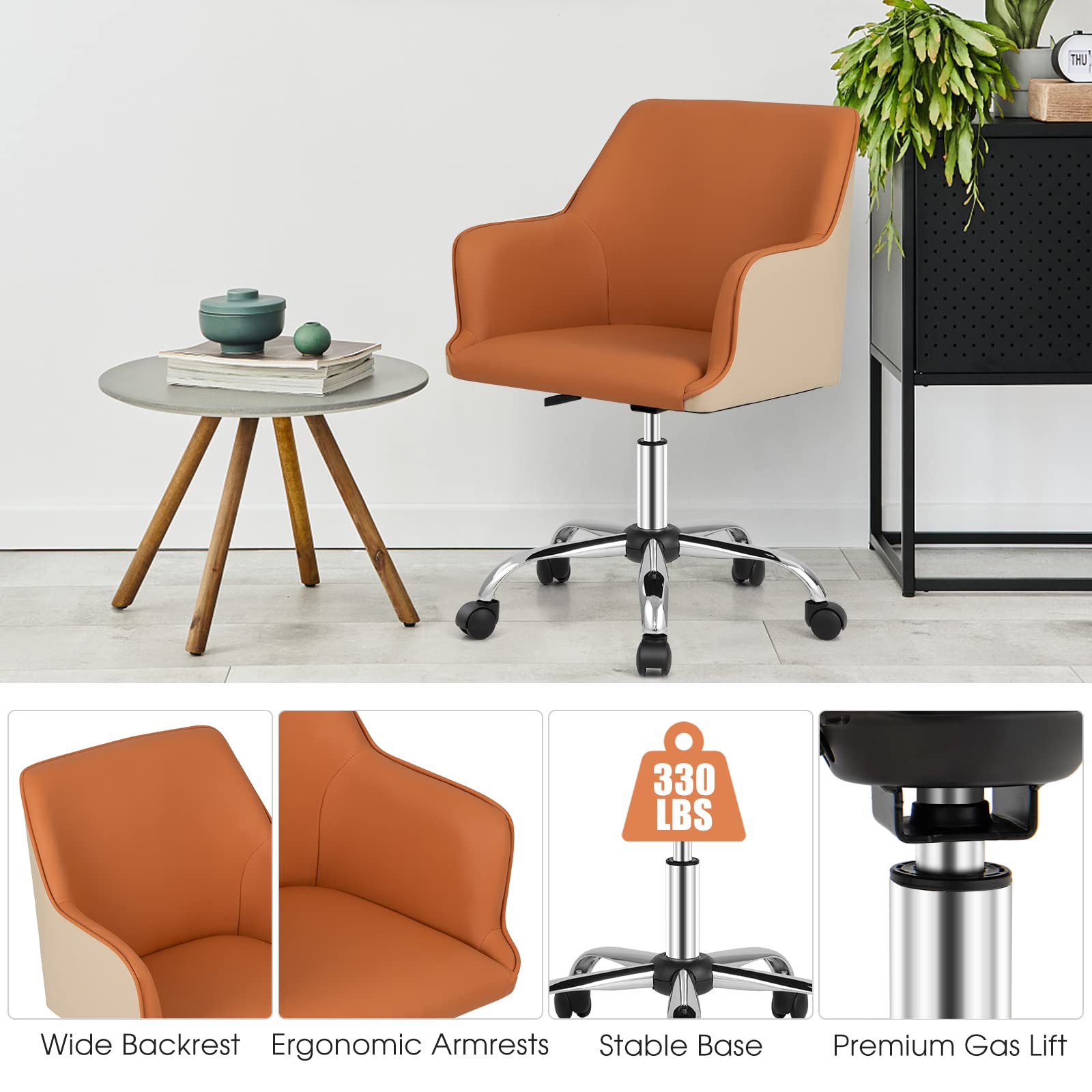 Giantex Home Office Desk Chair, Upholstered PU Leather Task Chair, Orange & Beige
