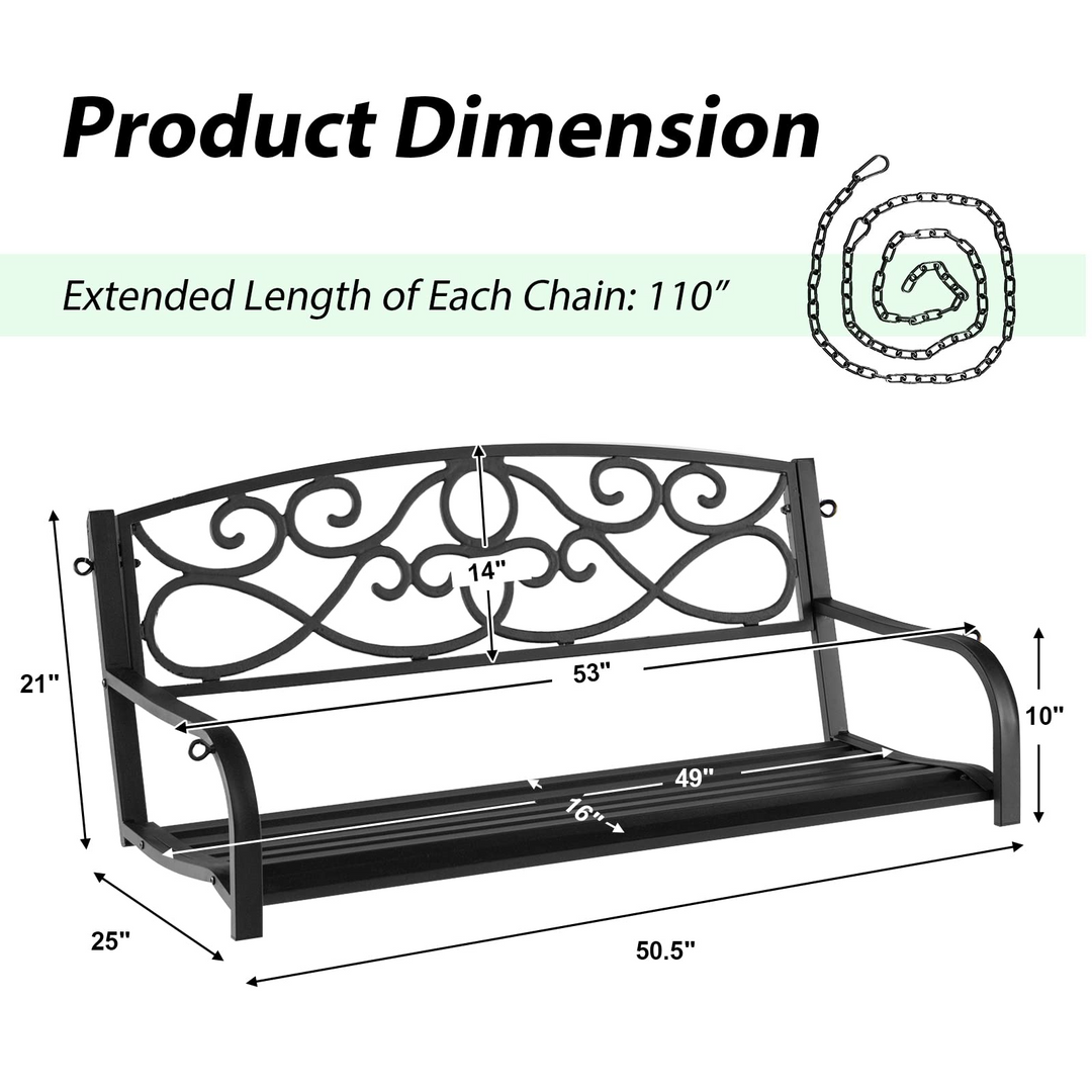 Metal Porch Swings 2 Person Outdoor Hanging Garden Bench with Sturdy Chains