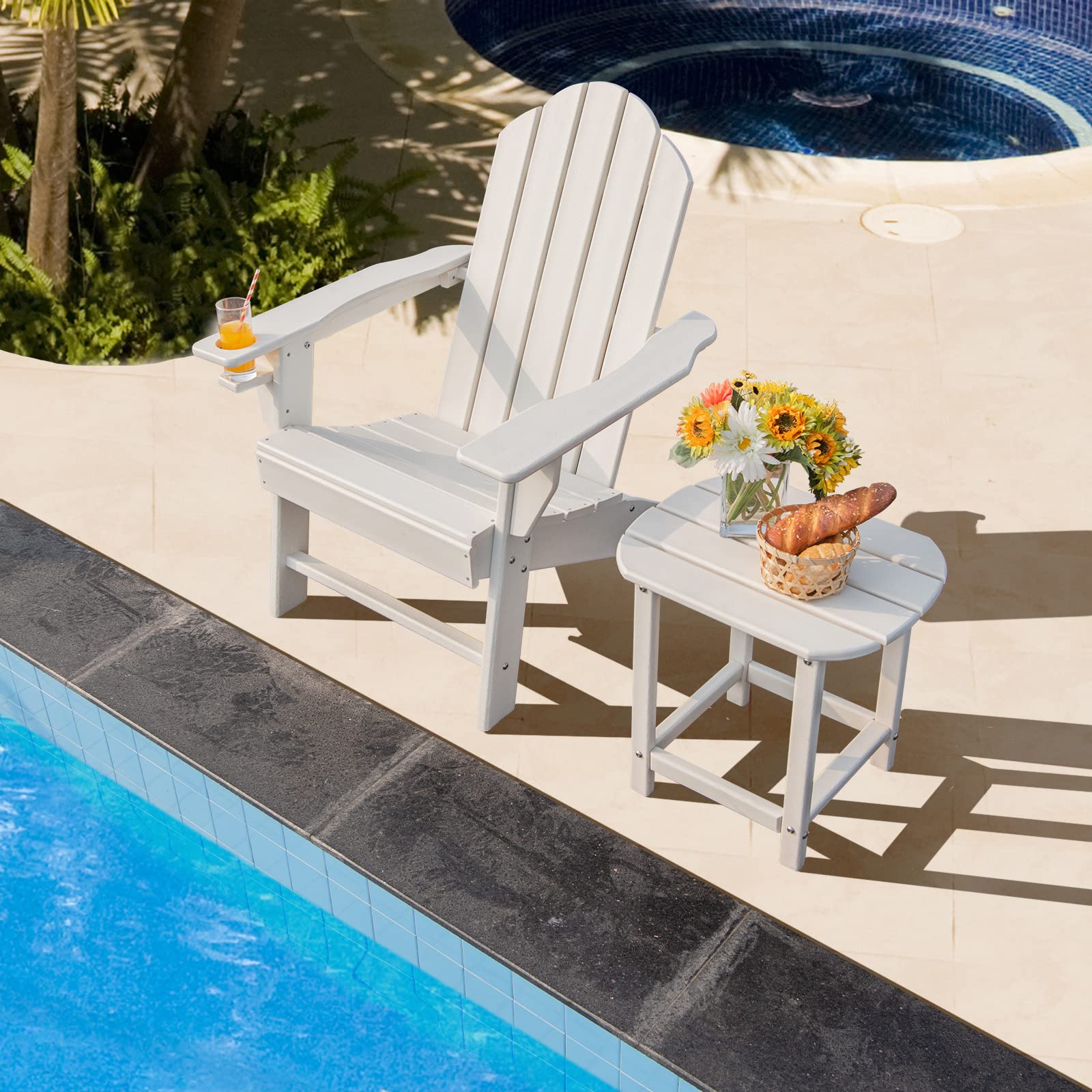 Adirondack Chair with Side Table, Outdoor Fire Pit Chair Set with End Table, White