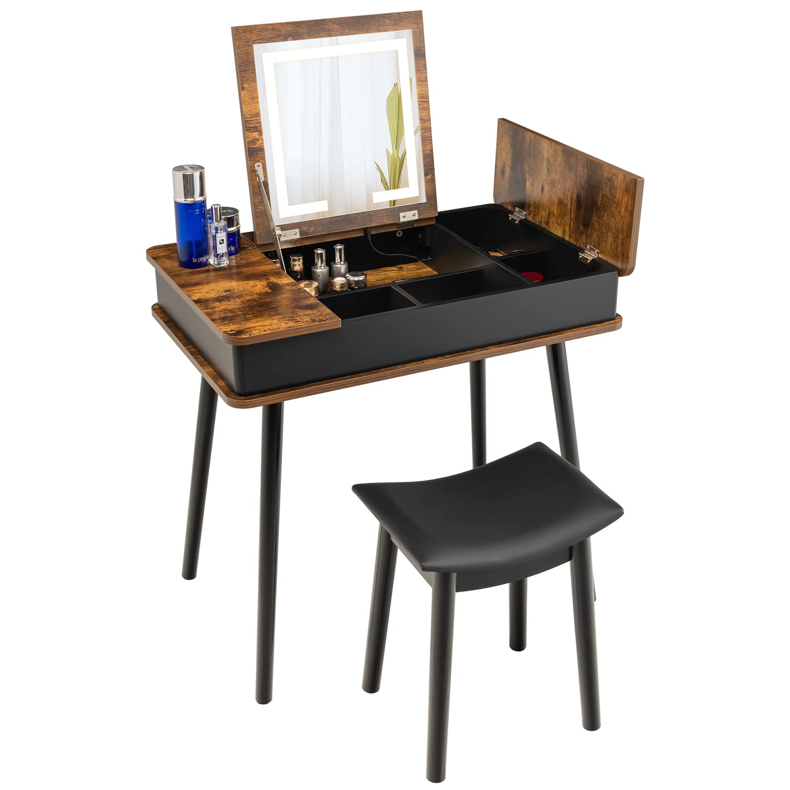 CHARMAID Vanity Desk with 3-Color Lighted Flip Top Mirror, Makeup Dressing Table Set Writing Desk with Cushioned Stool