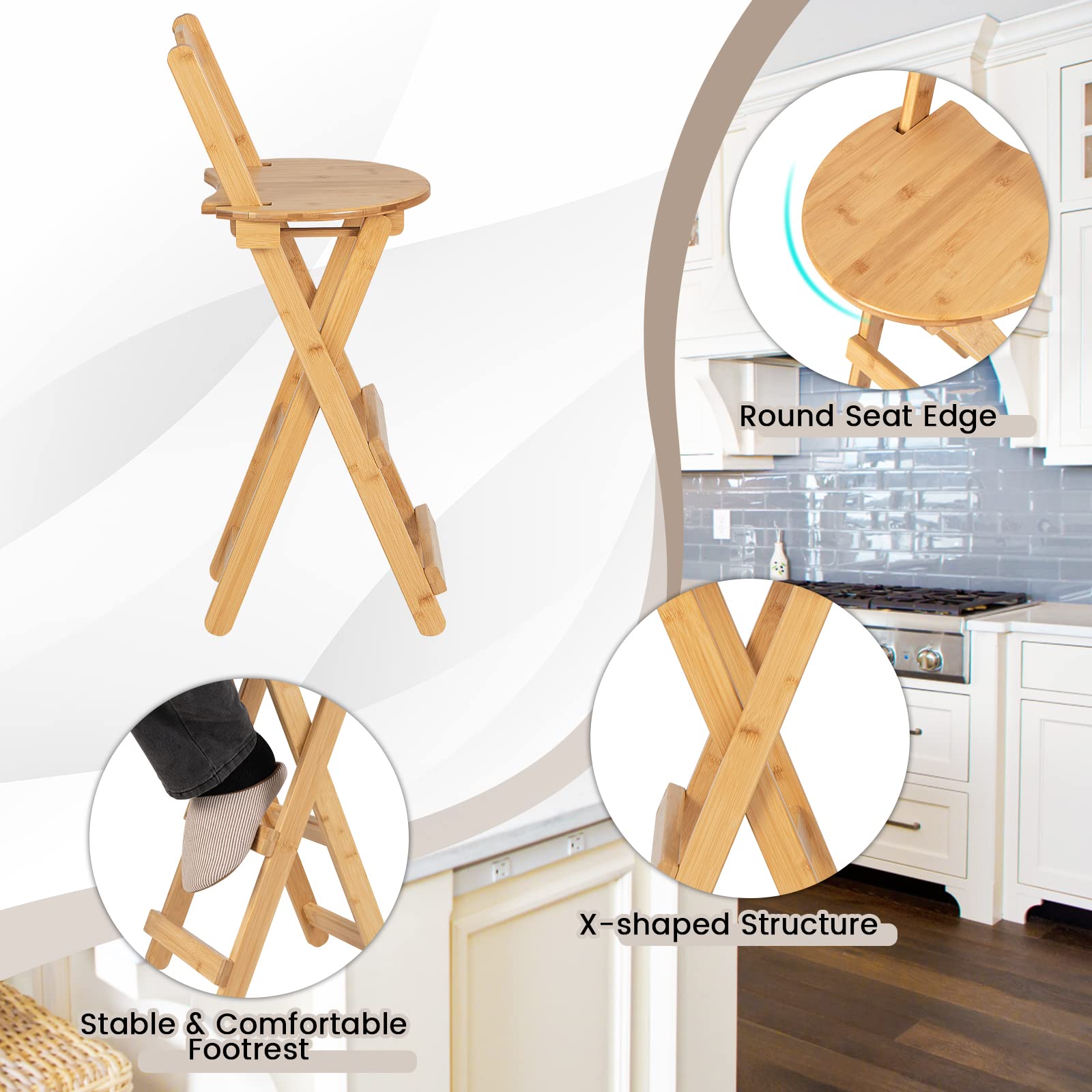 Folding Bamboo Bar Stools 24” Kitchen Counter Height Stool with Backrest & Footrest