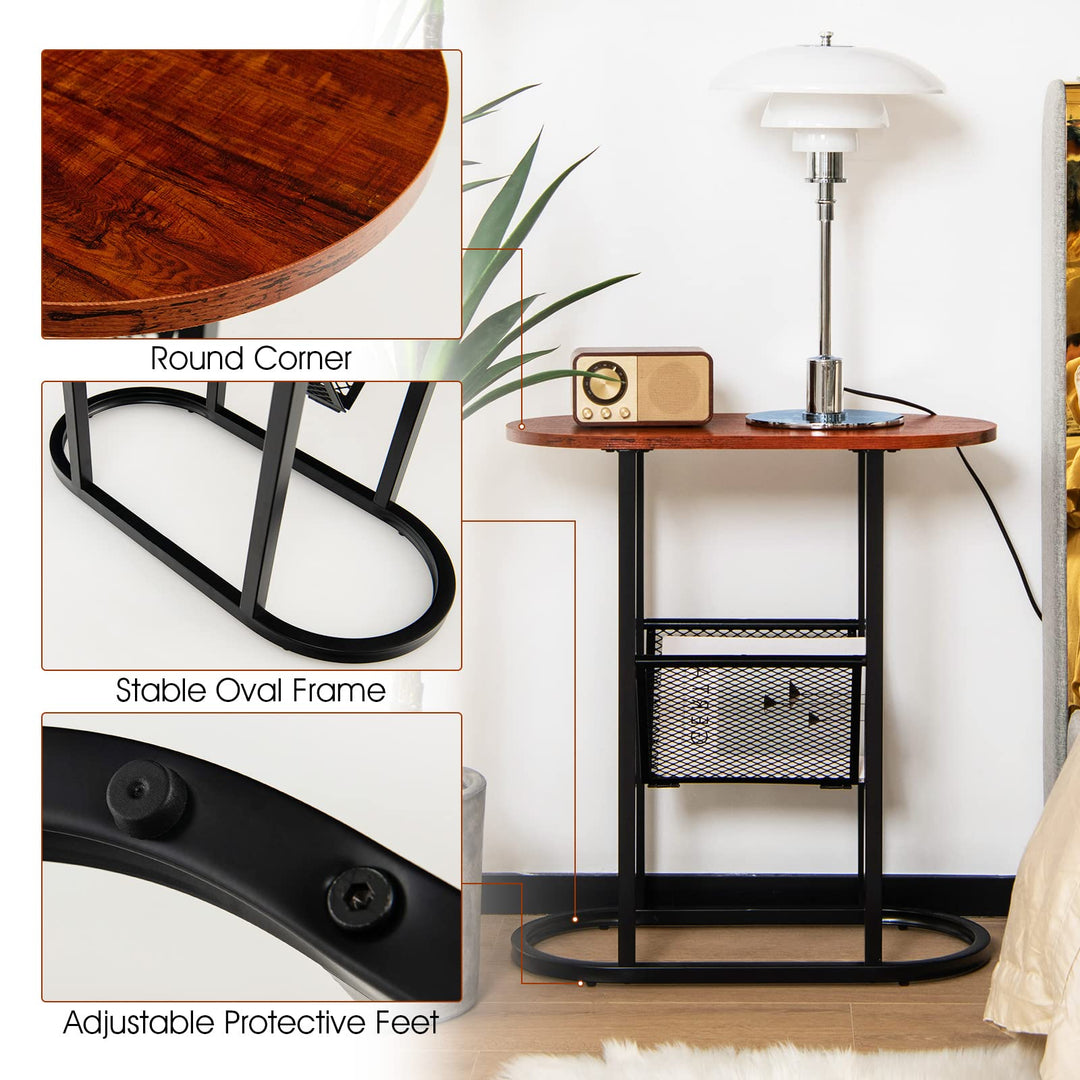 Giantex Oval Narrow Side Table, Small End Table with Magazine Rack Sling Holder Pouch