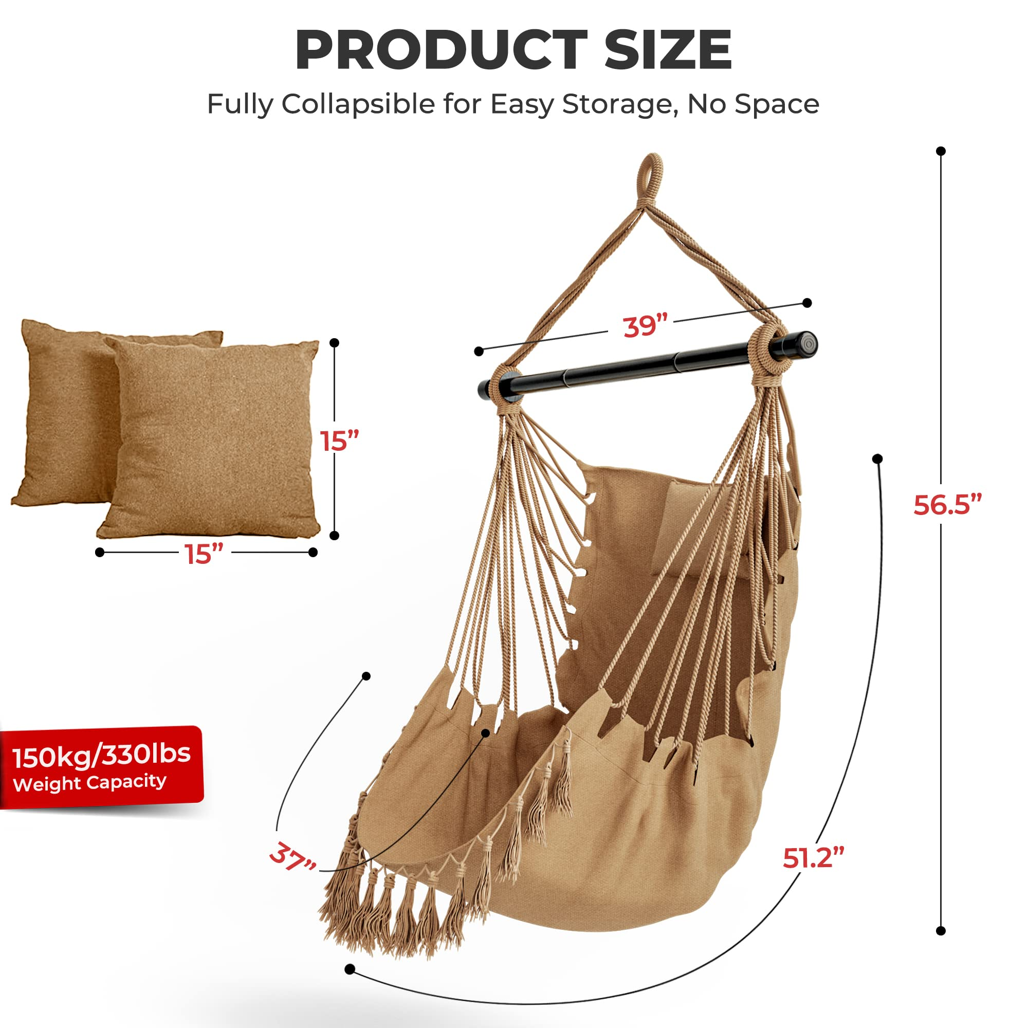 Hanging Chair Hammock Swing Chair - with Sturdy Steel Hanging Bar