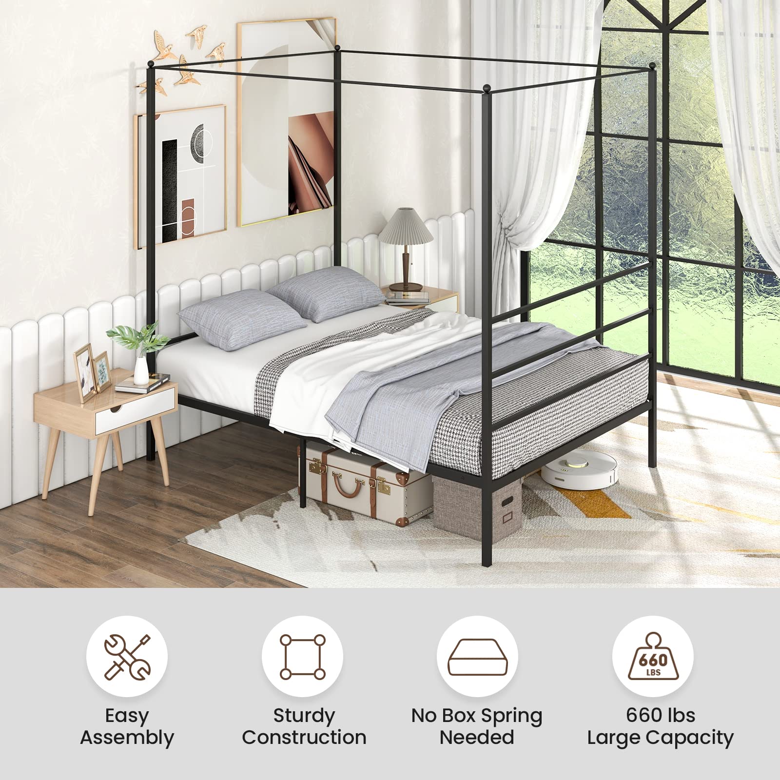 Giantex Full Size Metal Canopy Bed Frame, Modern Platform Bed Frame with 4 Poster & Headboard