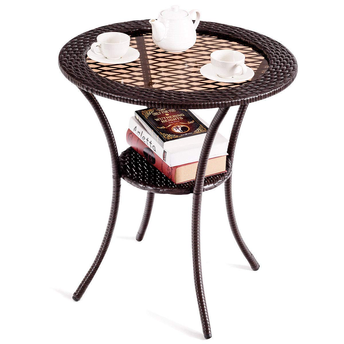 Giantex Round Rattan Wicker Coffee Table Glass Top Steel Frame Patio Furni (Round)