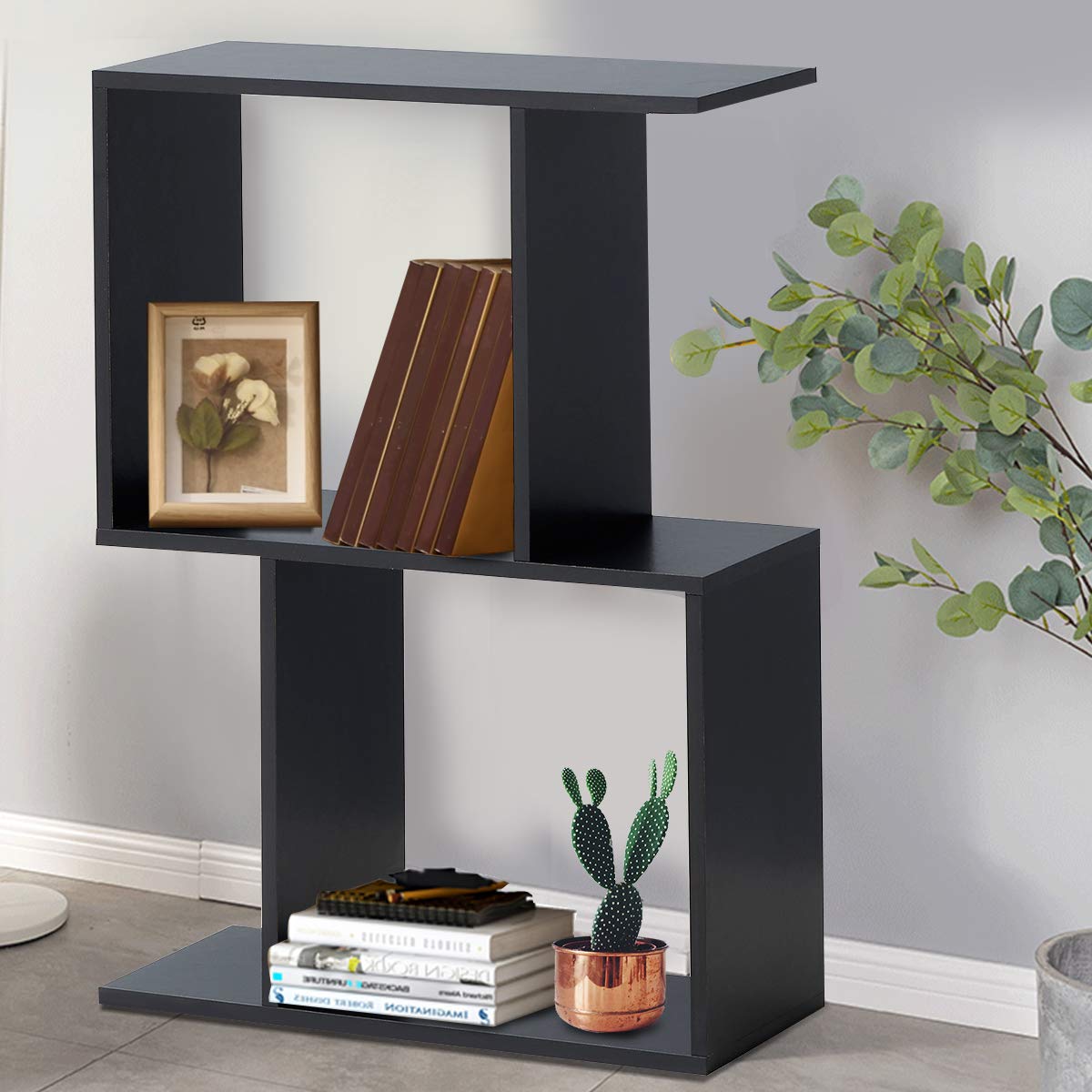 2-Tier Bookshelf S Shaped Bookcase, Free Standing Industrial Storage Rack