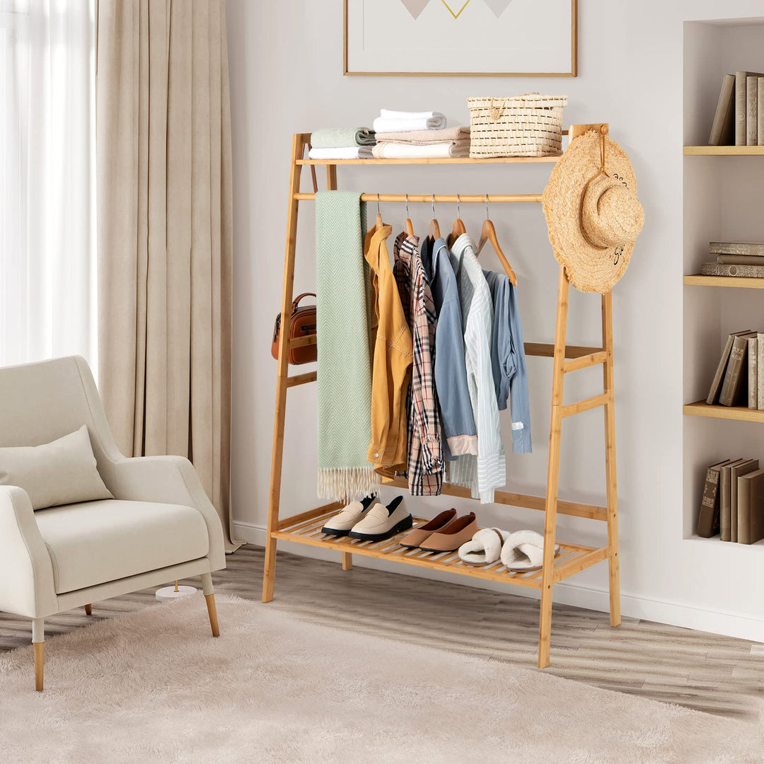 Giantex 3 Tier Bamboo Clothing Rack with Shelves, Heavy Duty Freestanding Clothes Organizer Rack with Coat Hooks