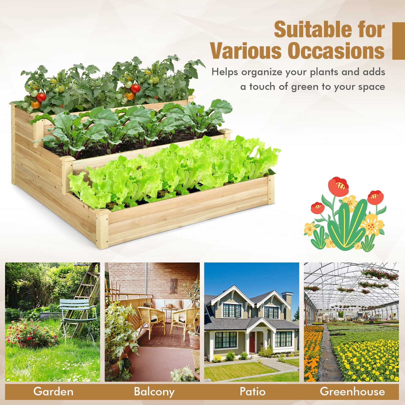 Giantex 3 Tier Raised Garden Bed, Wood Planter Box 48 x 48 x 22 Inch Vegetable Flower Herb Fruit Growing Bed Kit