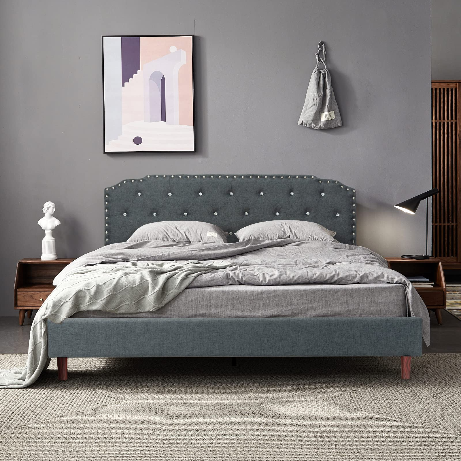 Upholstered Bed Frame w/ Adjustable Headboard, Crystal Tufted Soft Platform Bed Frame w/ Wooden Slats