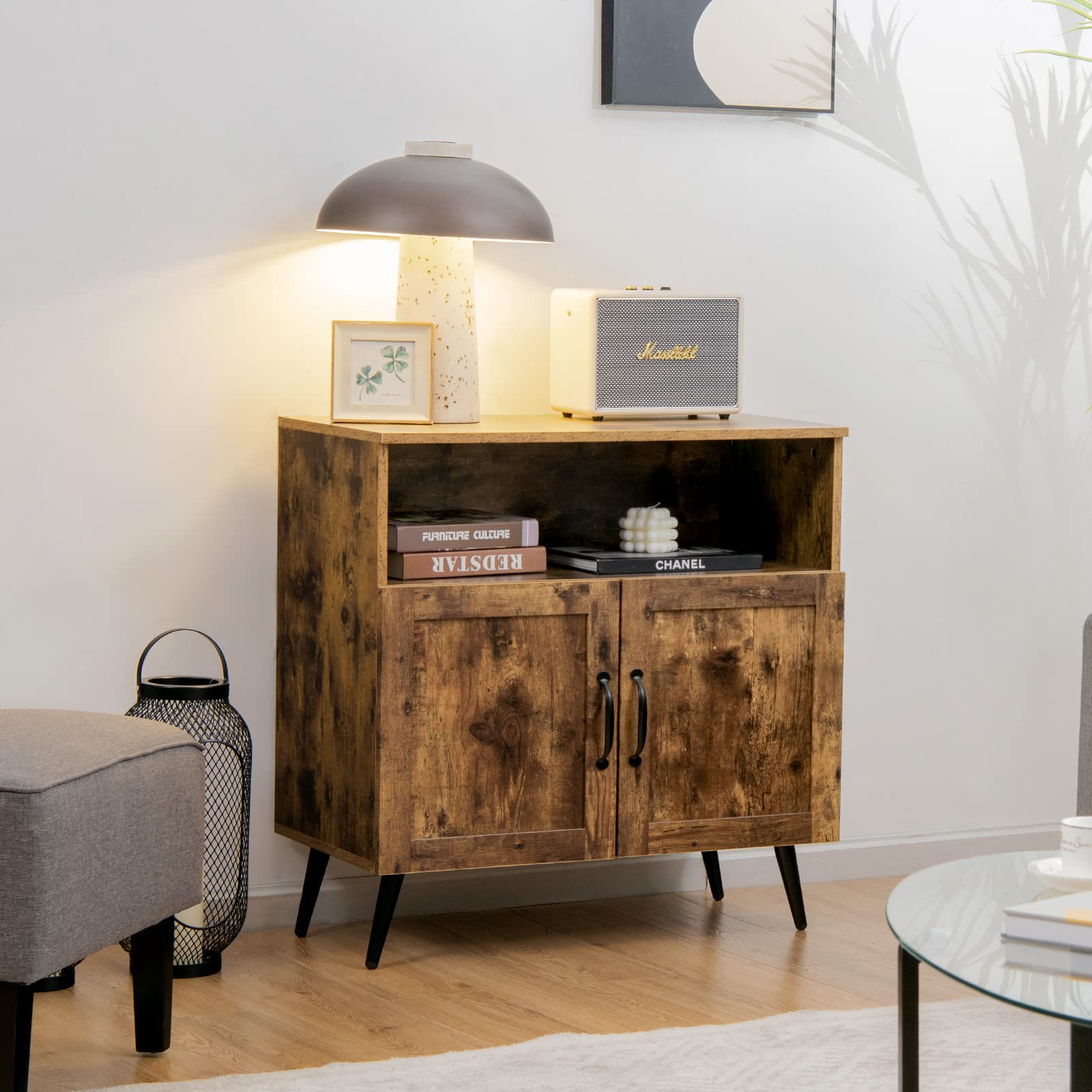 Giantex Mid-Century Storage Cabinet, Wooden Floor Cabinet with 2 Doors, Rustic Brown