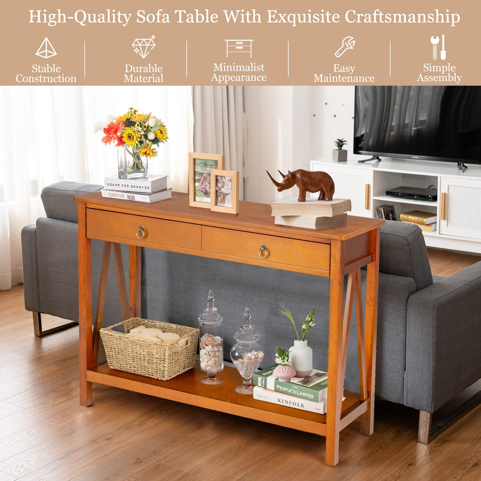 Console Table Entryway Sofa Side Table with 2 Drawers & Open Shelf
