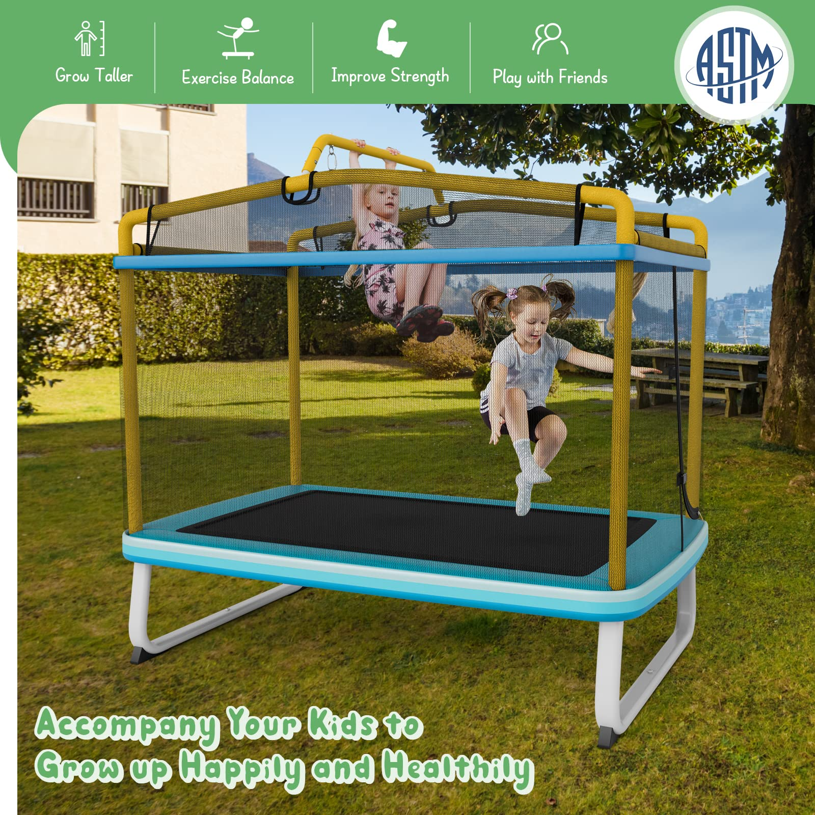 Giantex 6Ft Kids Trampoline with Swing and Horizontal Bar, ASTM Approved Small Trampoline with Net