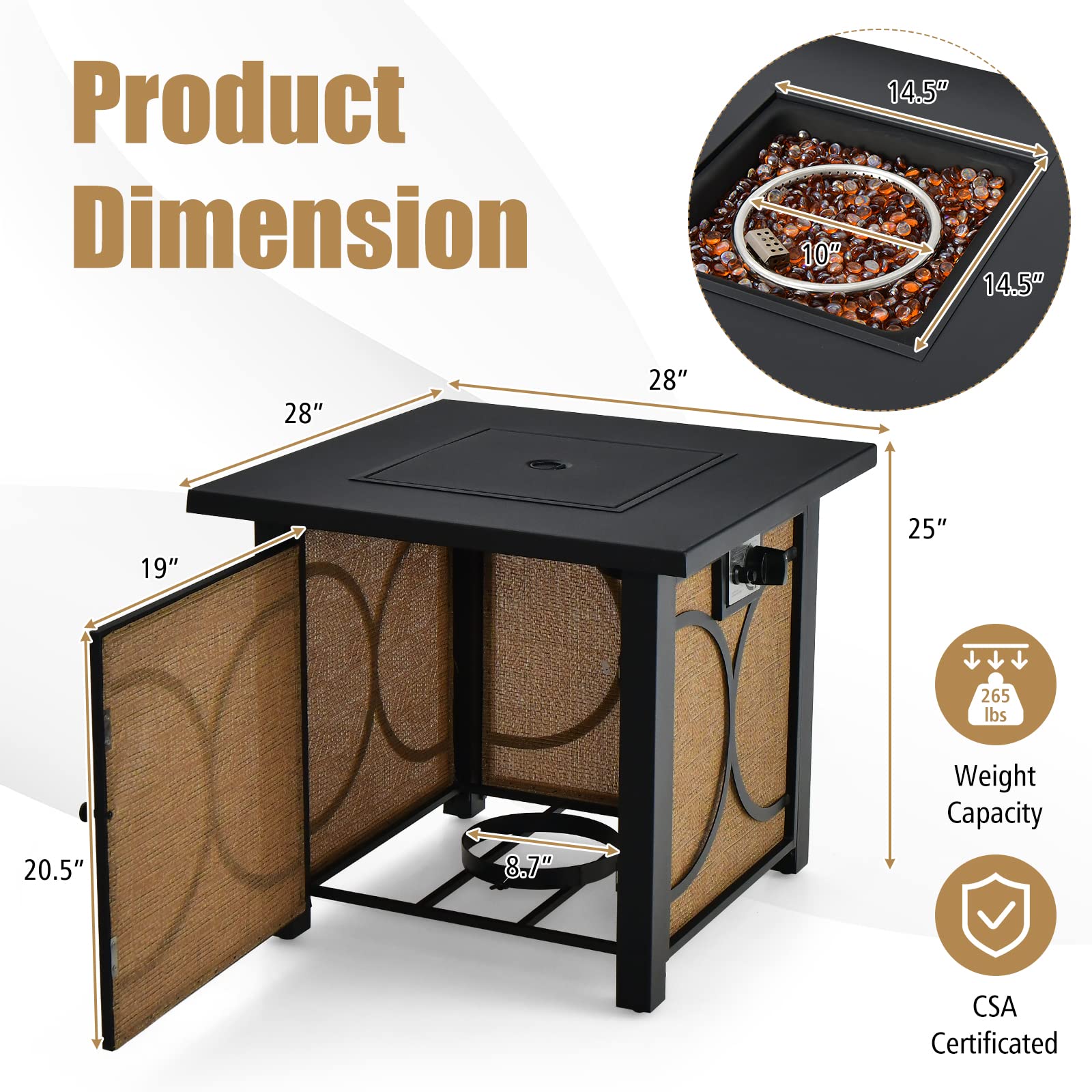 Giantex 28" Outdoor Fire Pit Table - 50,000 BTU Square Metal Fire Table with Lid