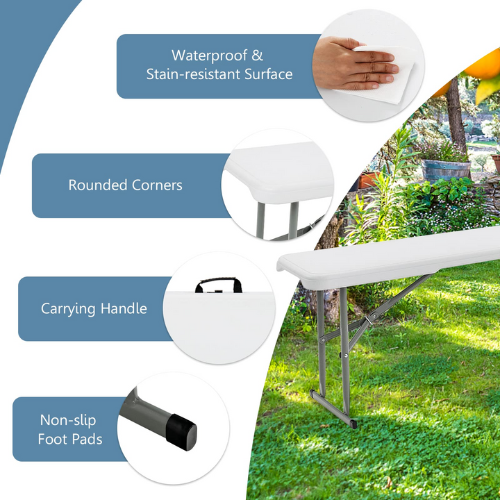 Outdoor Folding Camping Table with 2 Long Benches HDPE Metal Legs BBQ Party Patio Lawn Garden (White)