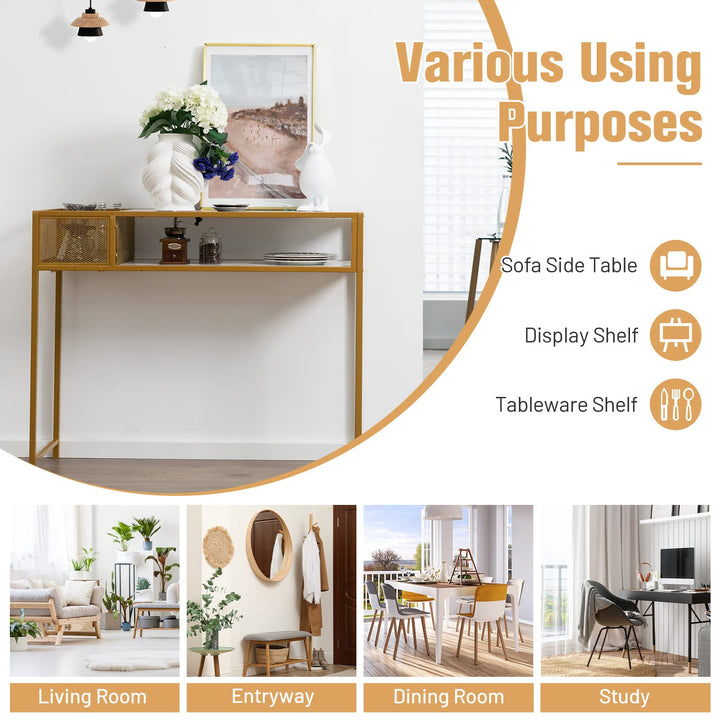 Giantex Console Tables for Entryway - Faux Marble Sofa Table with Wire Basket, 43.5" x 16" x 35.5" Entry Table