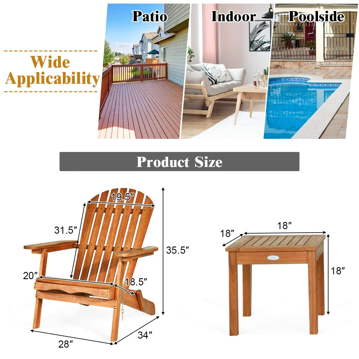 Giantex Adirondack Chair Set 3-Piece Foldable Wooden Chairs Set