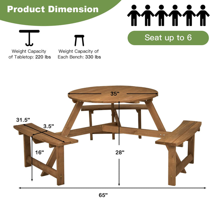 Giantex Wooden Picnic Table for 6 Person, Round Outdoor Table with 3 Benches, Umbrella Hole