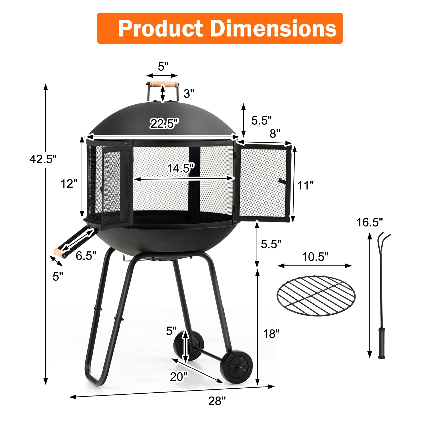 Giantex 28” Portable Fire Pit on Wheels - Mobile Wood Burning Firepit with Log Grate