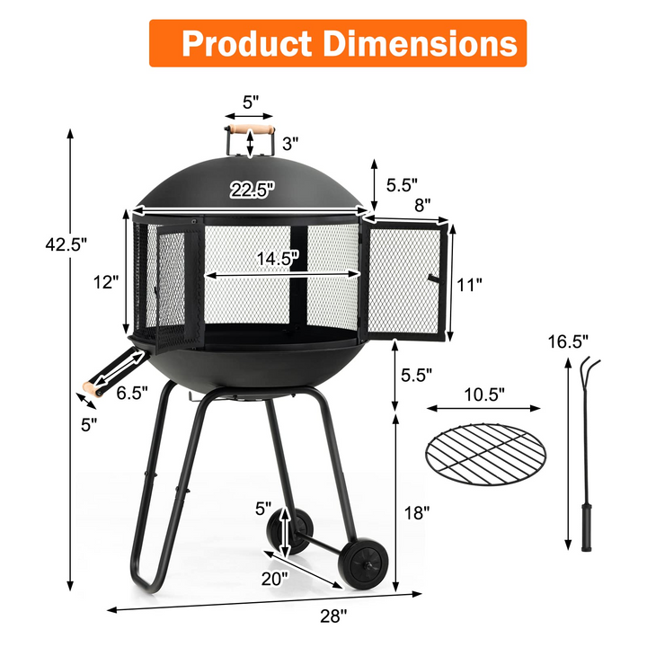 Giantex 28” Portable Fire Pit on Wheels - Mobile Wood Burning Firepit with Log Grate