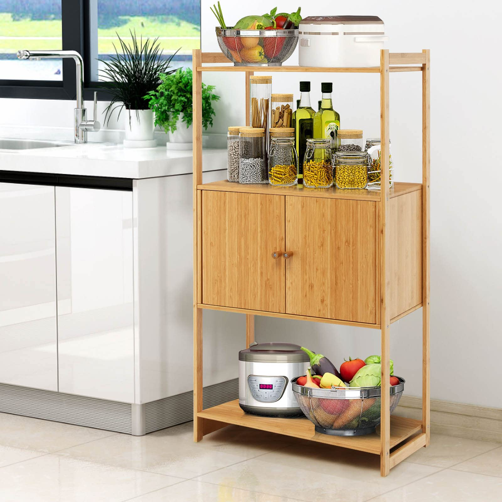 Freestanding Storage Organizer with 3 Shelves and 2-Door Large Cabinet