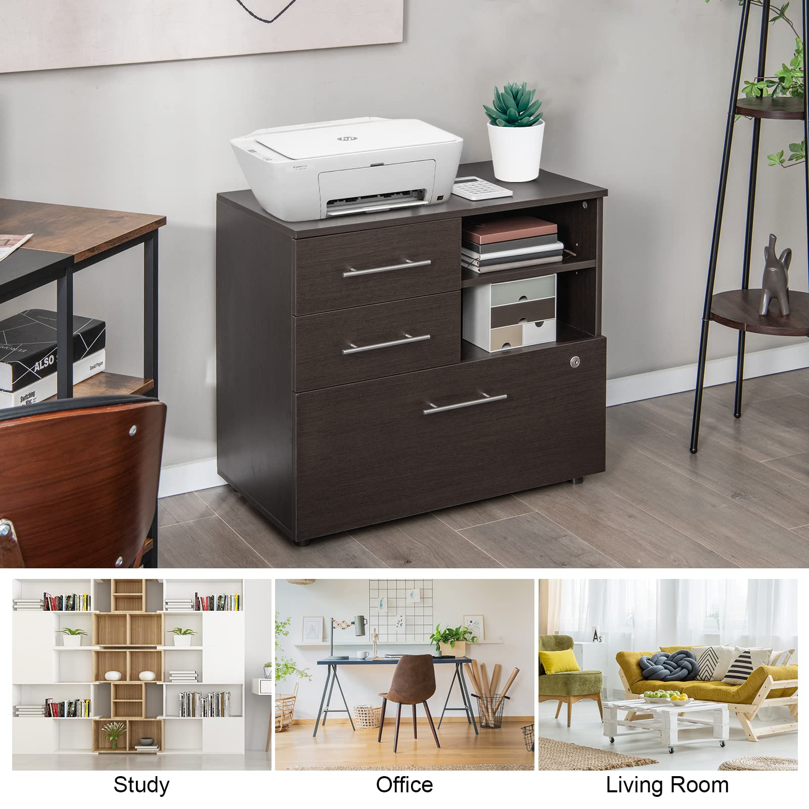 Giantex 3-Drawer Lateral File Cabinet - Under Desk Printer Stand with Storage Shelves